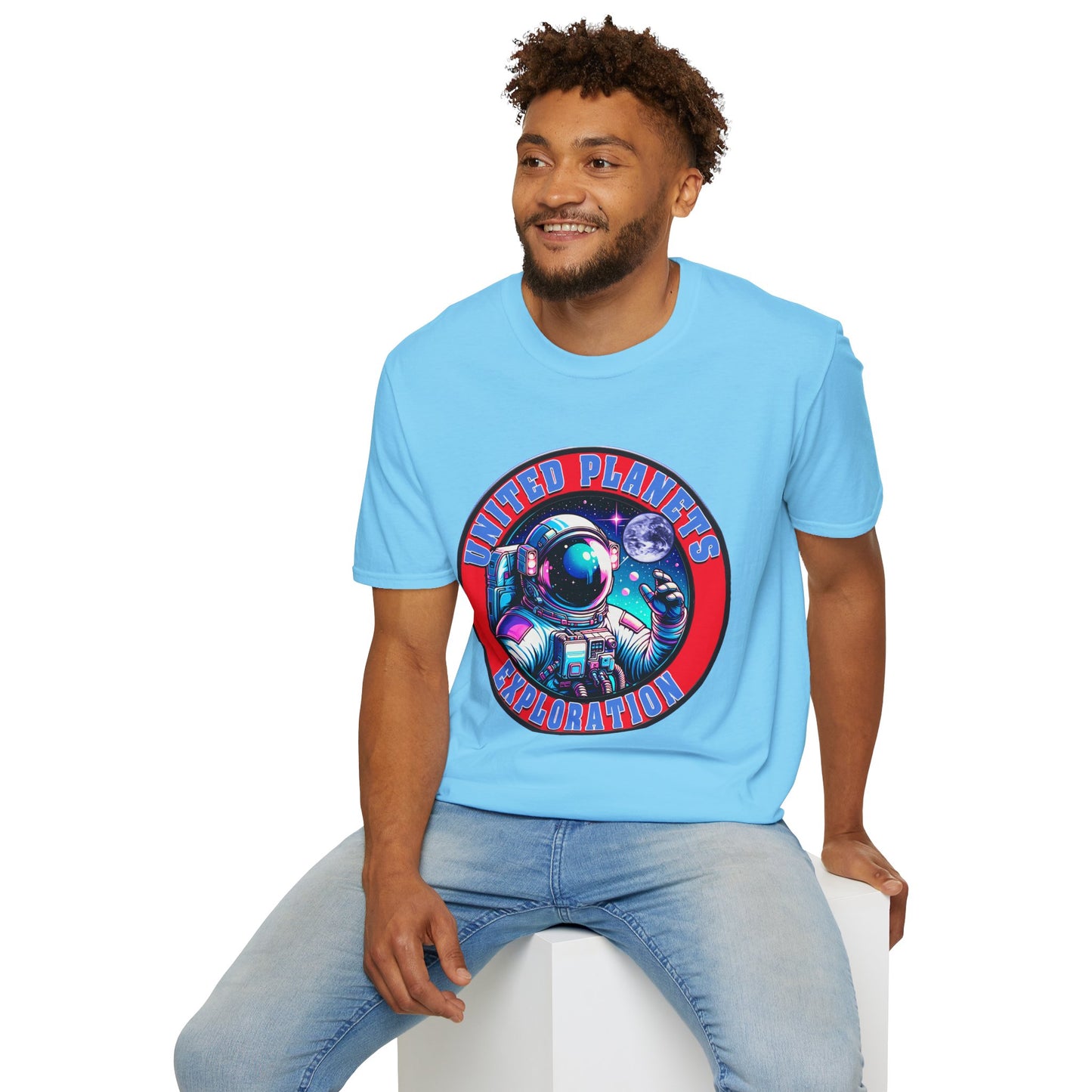 United Planets Exploration Astronaut T-Shirt, Science Themed Tee, Outer Space Shirt for Gift, Birthday, Unisex Softstyle Apparel