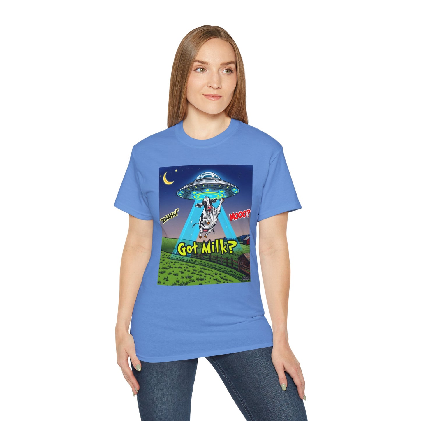 Got Milk? Funny Unisex Ultra Cotton Tee - Humorous Cow and UFO Design, graphic tee, t-shirts, tshirt, png, sublimation