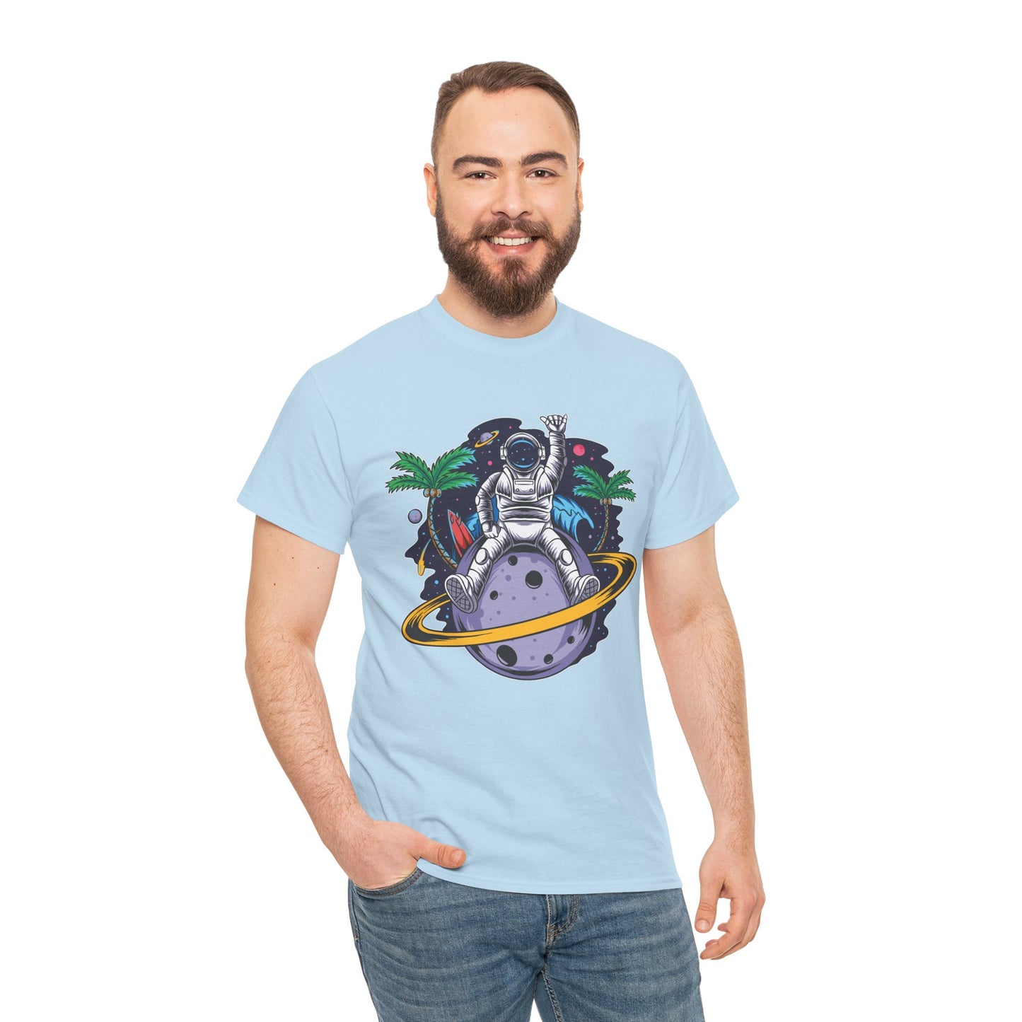 Cosmic Adventure, Unisex Heavy Cotton Tee - Astronaut & Planet Design, graphic design, png, art