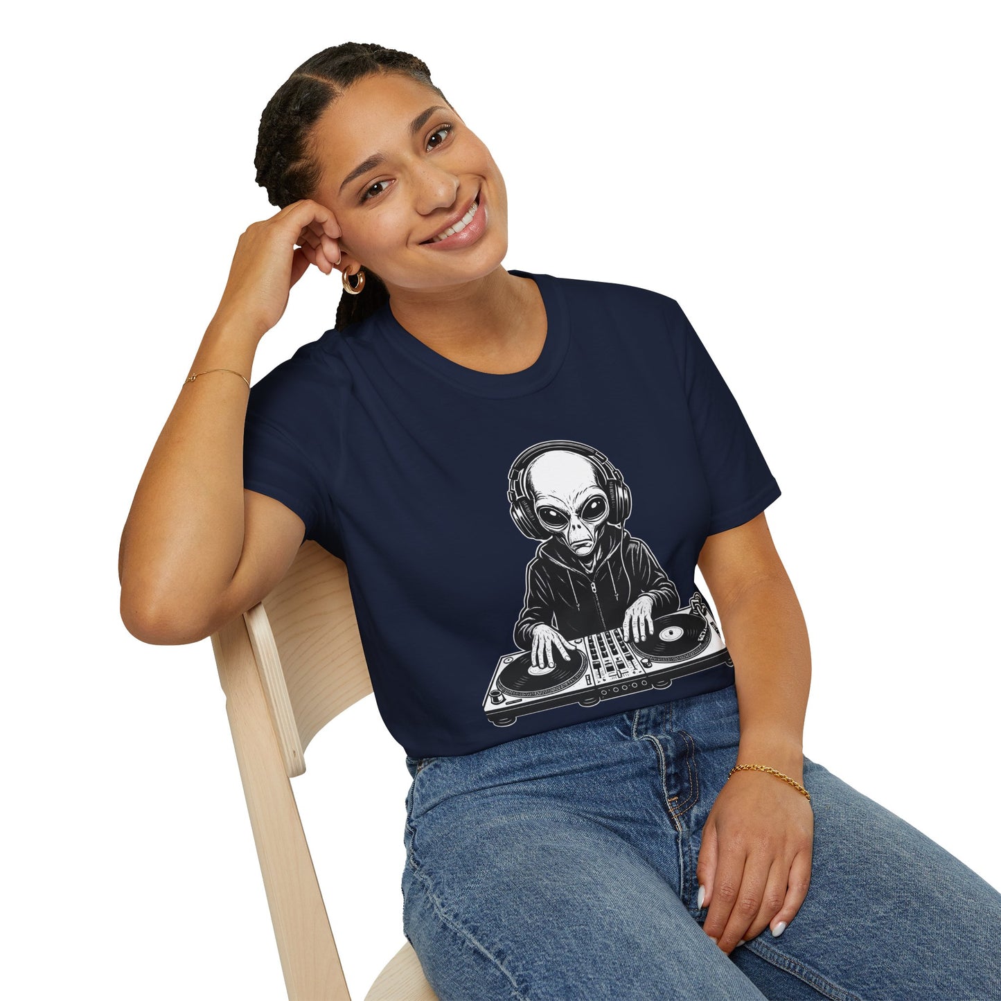 DJ Alien Graphic T-Shirt | Unisex Softstyle Tee for Music Lovers, Gifts for DJs, Cool Casual Wear, Festival Apparel, Unique Alien Design