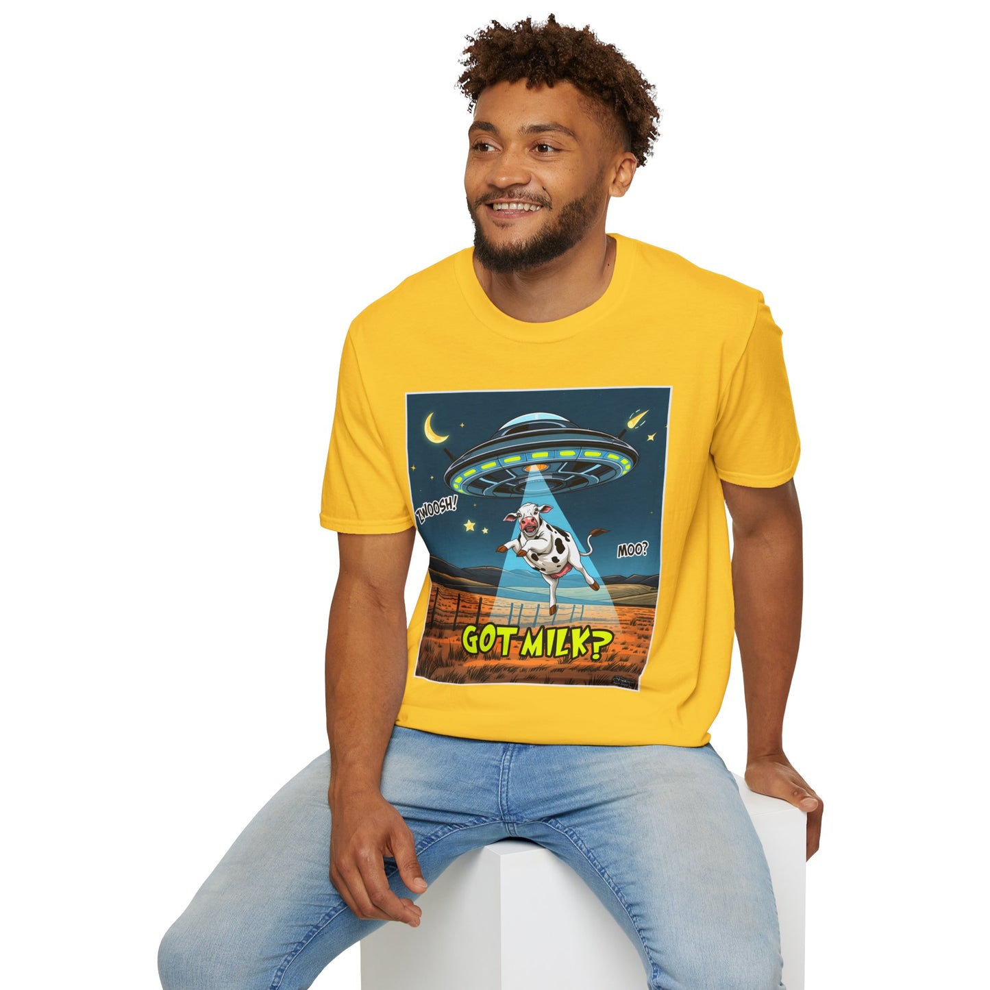 Got Milk? Cow UFO Unisex Softstyle T-Shirt – Fun Graphic Tee for Dairy Lovers, graphic tees, t-shirt, tshirt, graphic design, png