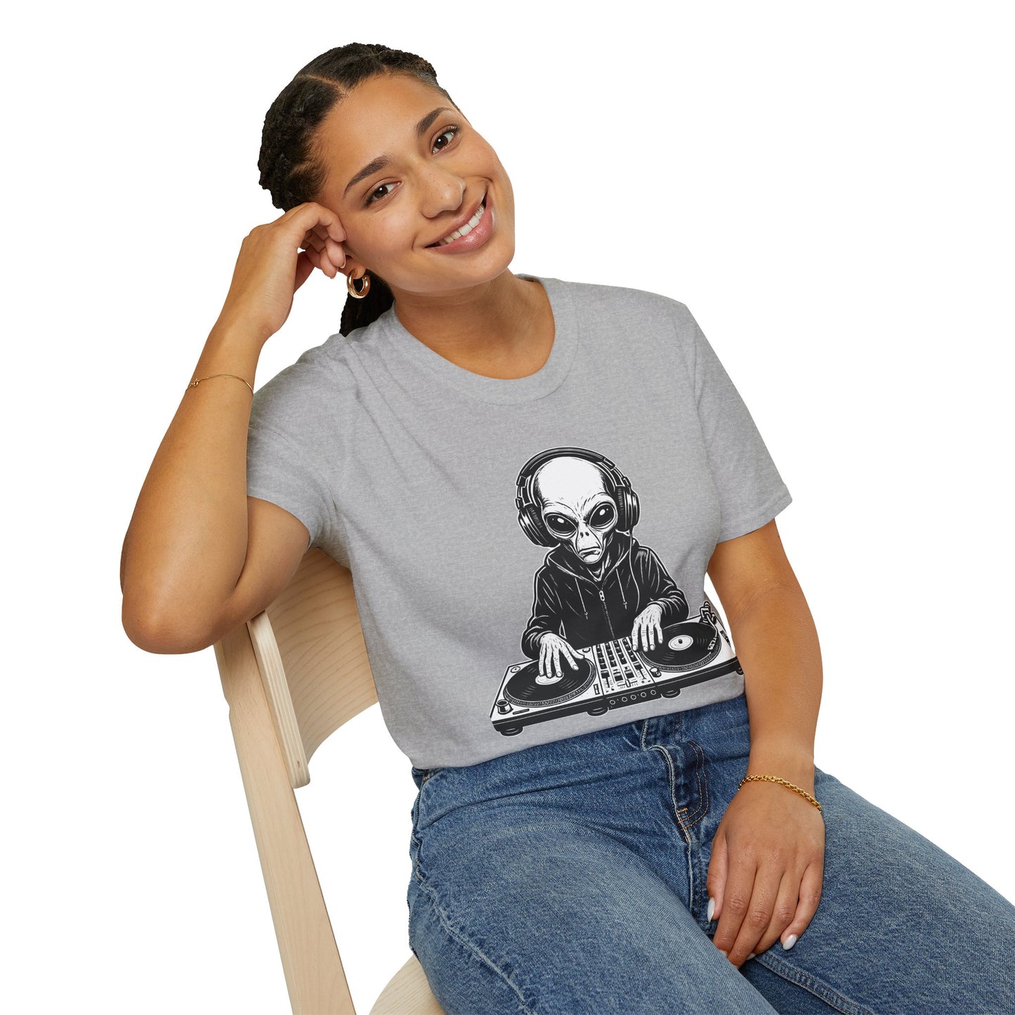 DJ Alien Graphic T-Shirt | Unisex Softstyle Tee for Music Lovers, Gifts for DJs, Cool Casual Wear, Festival Apparel, Unique Alien Design