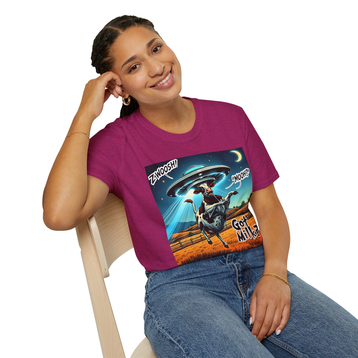 Funny Alien Cow T-Shirt - Got Milk? Unisex Soft style graphic Tee, UFO, galaxies, space, Blackhole, graphic design, png, sublimation