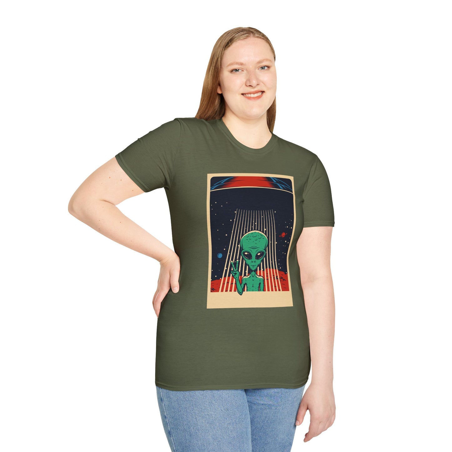 Cosmic Alien Peace Unisex Softstyle T-Shirt, Vintage UFO Tee, Space Lover Gift, Sci-Fi Fan Shirt, Trendy Graphic Tee, GraphicTees, t-shirts
