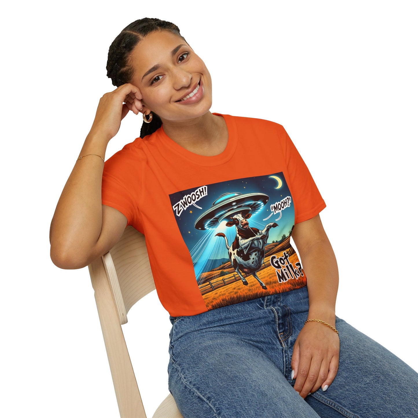 Funny Alien Cow T-Shirt - Got Milk? Unisex Soft style graphic Tee, UFO, galaxies, space, Blackhole, graphic design, png, sublimation
