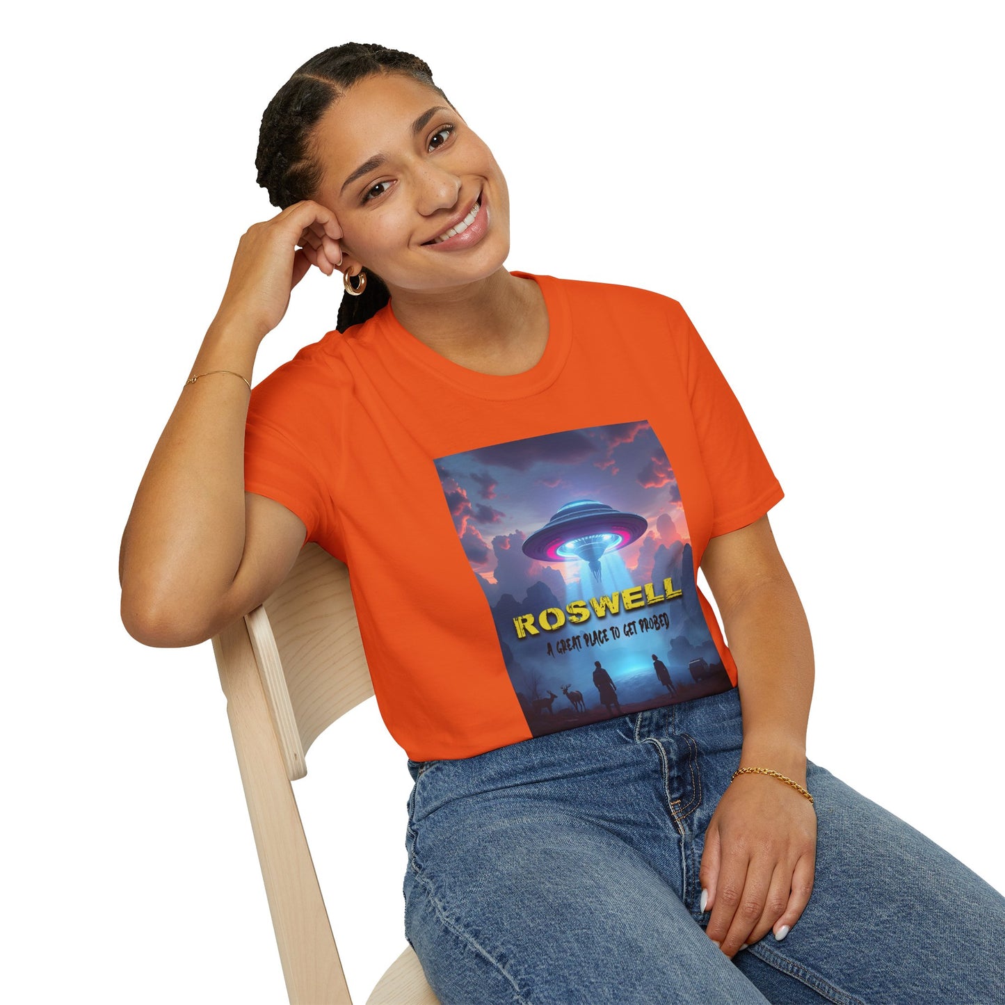 Roswell Probed Retro T-Shirt - Alien UFO Lover Gift, Sci-Fi Apparel, Extraterrestrial Tee, Unisex Softstyle Clothing, graphic design, png