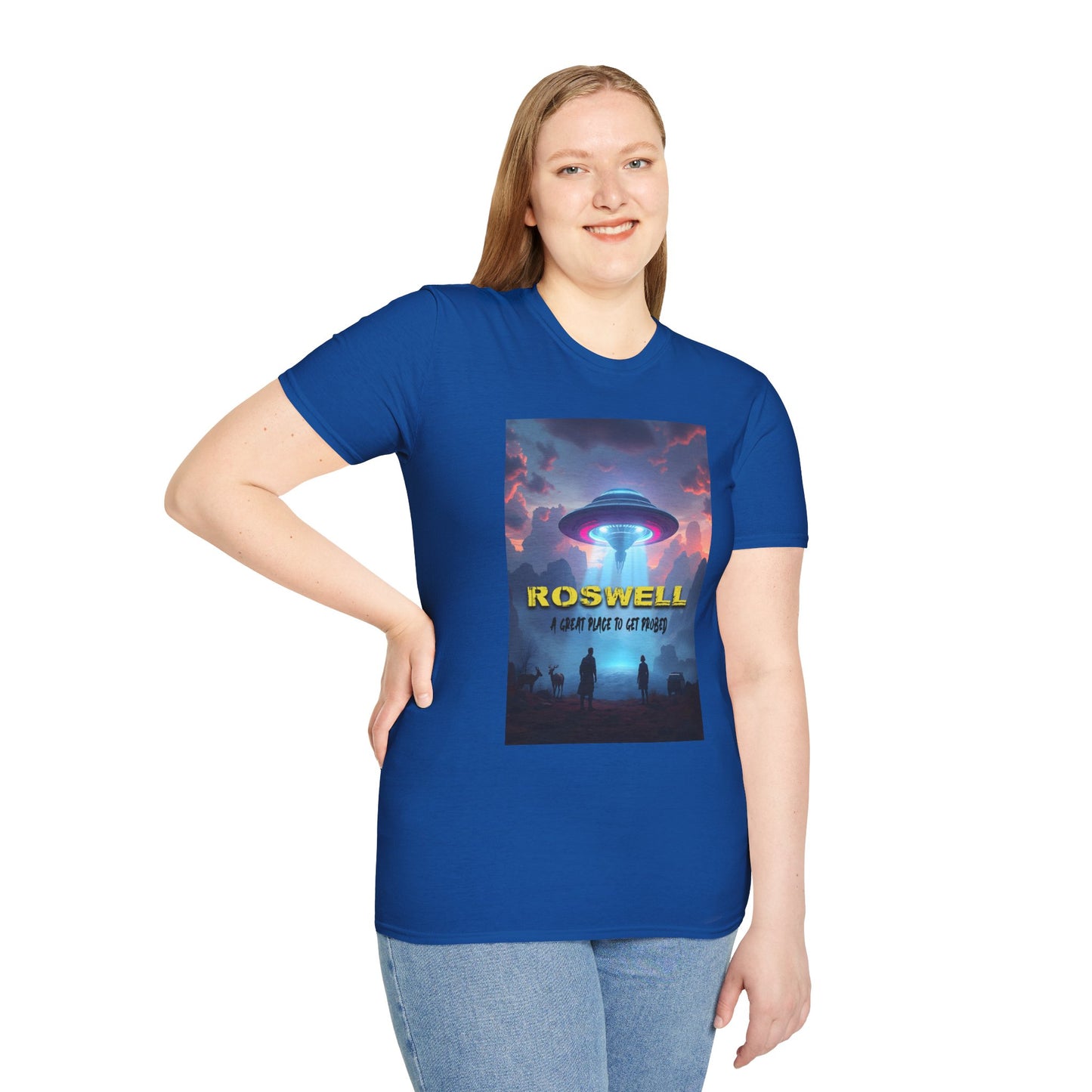 Roswell Probed Retro T-Shirt - Alien UFO Lover Gift, Sci-Fi Apparel, Extraterrestrial Tee, Unisex Softstyle Clothing, graphic design, png