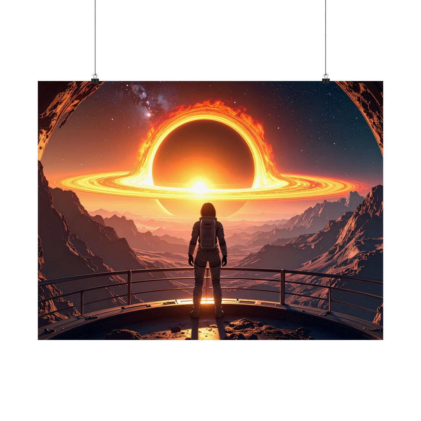 Astronaut watching Blackhole, Space-Themed Satin Posters, Cosmic Decor for Astronaut Enthusiasts, Unique Wall Art, Gift for Science Lovers, Home Office Decoration, t-shirts, tshirts, tees