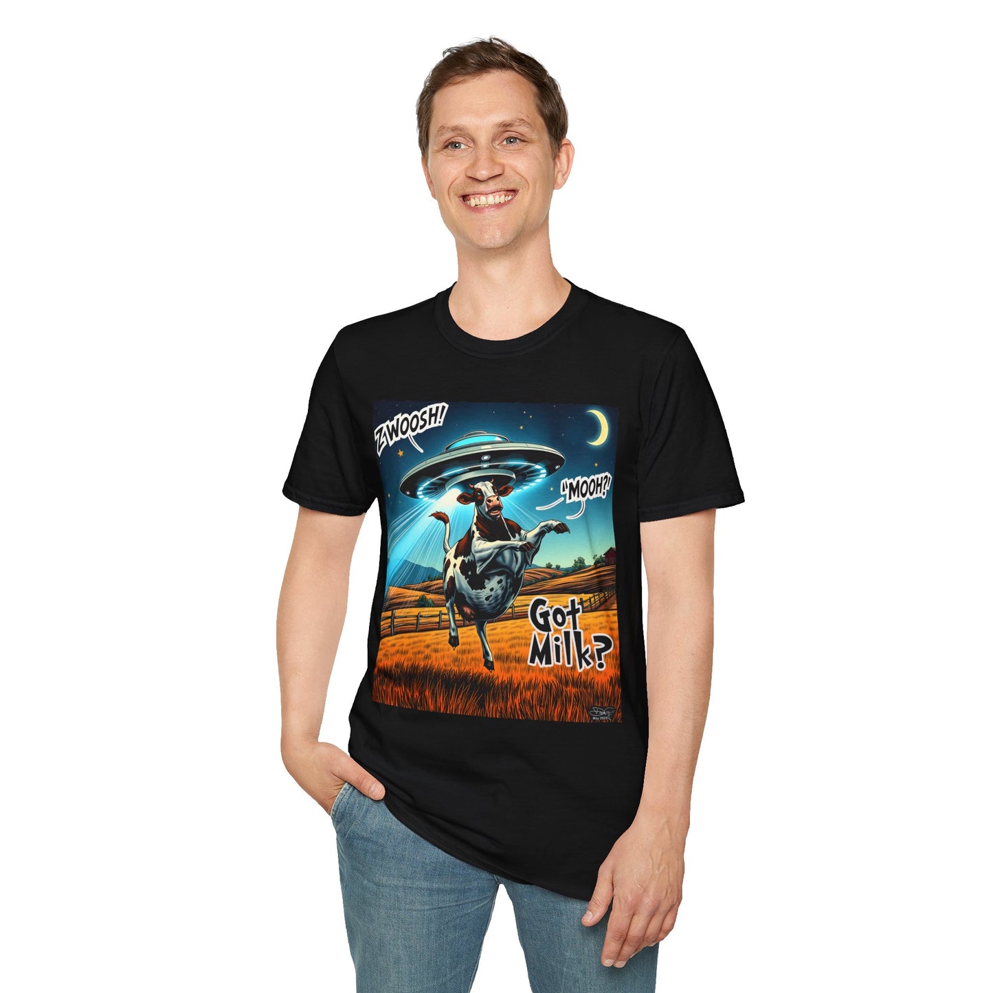 Funny Alien Cow T-Shirt - Got Milk? Unisex Soft style graphic Tee, UFO, galaxies, space, Blackhole, graphic design, png, sublimation