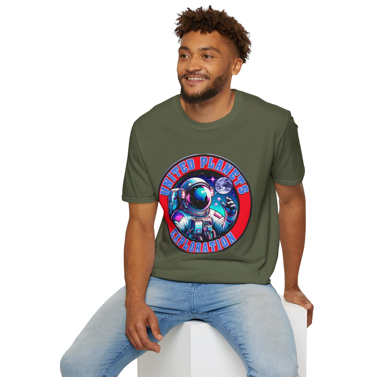 United Planets Exploration Astronaut T-Shirt, Science Themed Tee, Outer Space Shirt for Gift, Birthday, Unisex Softstyle Apparel