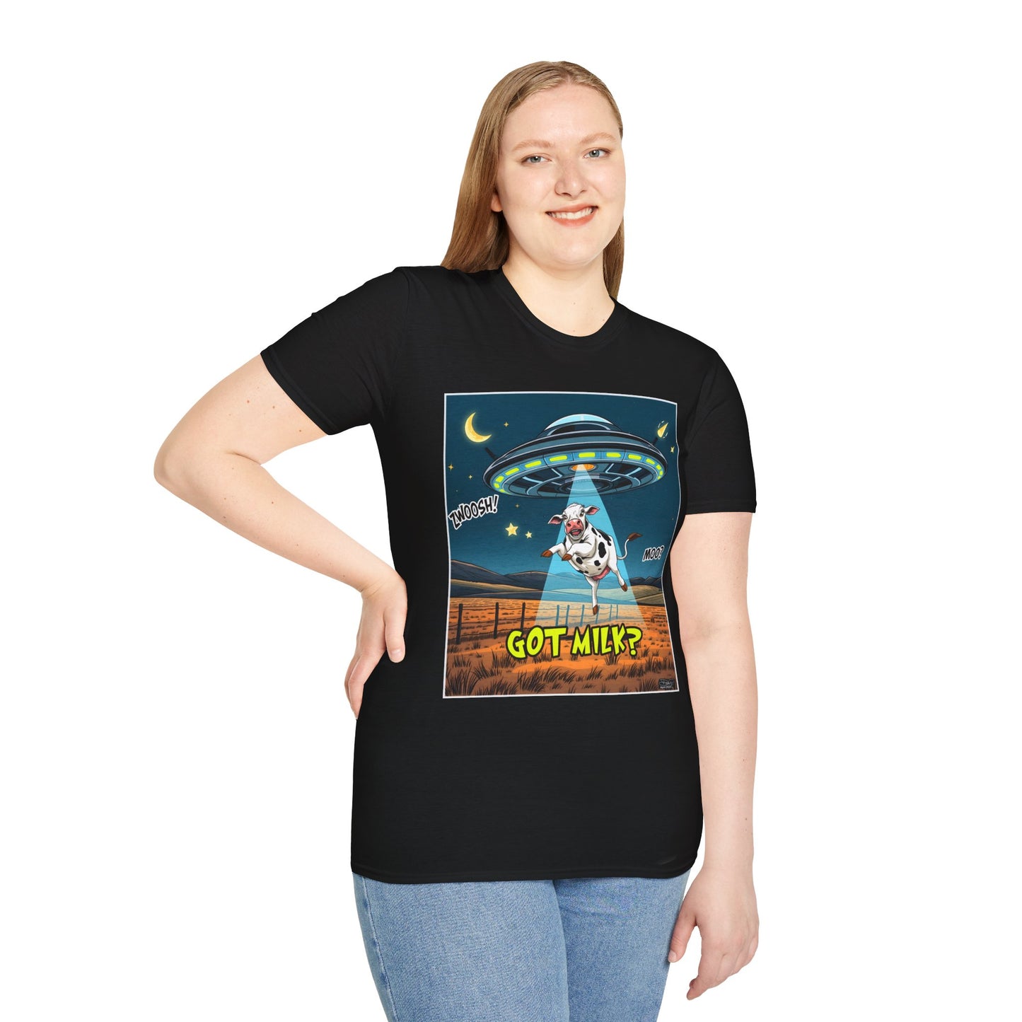 Got Milk? Cow UFO Unisex Softstyle T-Shirt – Fun Graphic Tee for Dairy Lovers, graphic tees, t-shirt, tshirt, graphic design, png