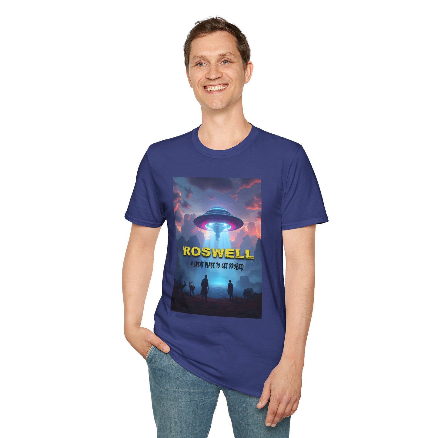 Roswell Probed Retro T-Shirt - Alien UFO Lover Gift, Sci-Fi Apparel, Extraterrestrial Tee, Unisex Softstyle Clothing, graphic design, png