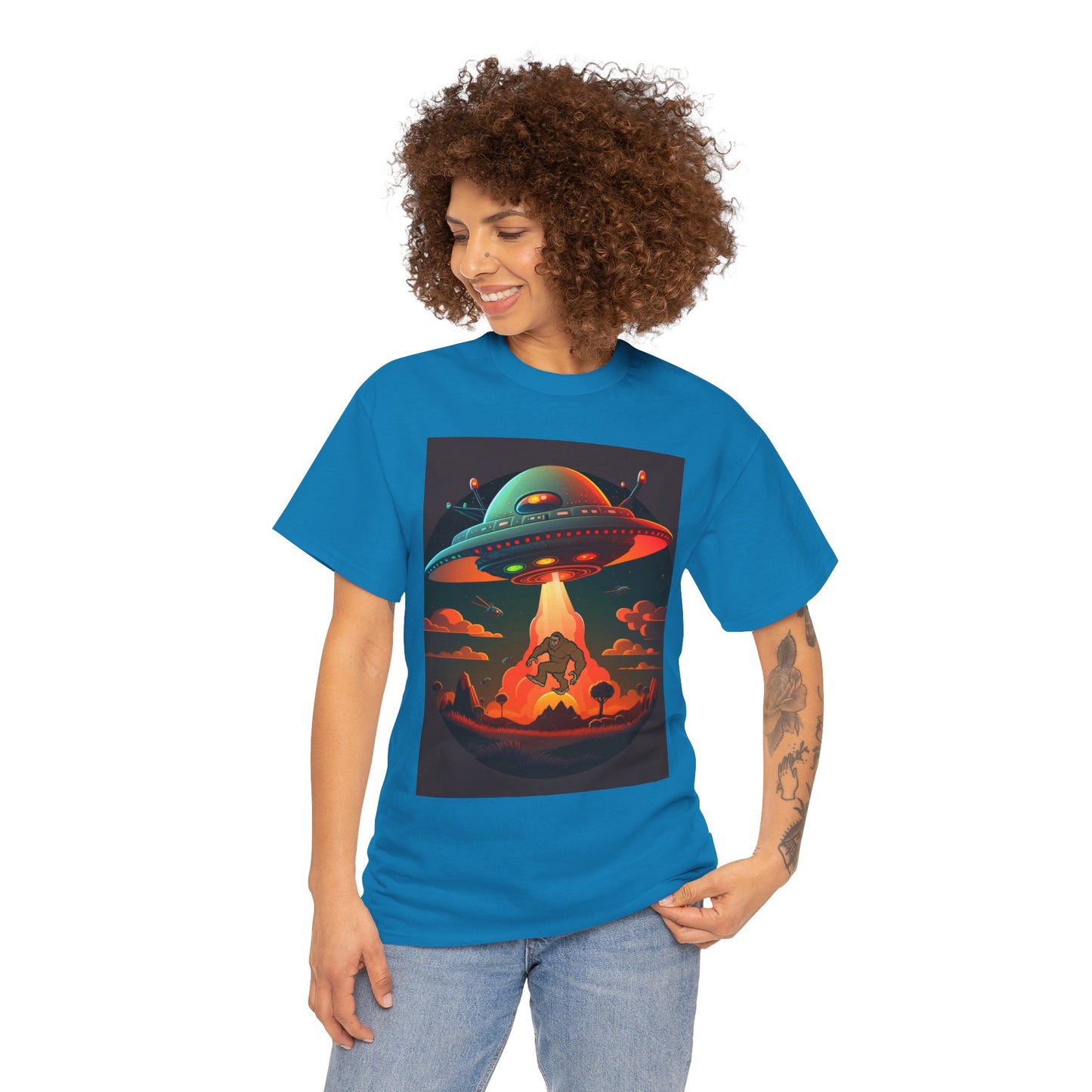 UFO, Bigfoot, Unisex Heavy Cotton Tee, graphic design, t-shirt, t-shirts, tshirts, png