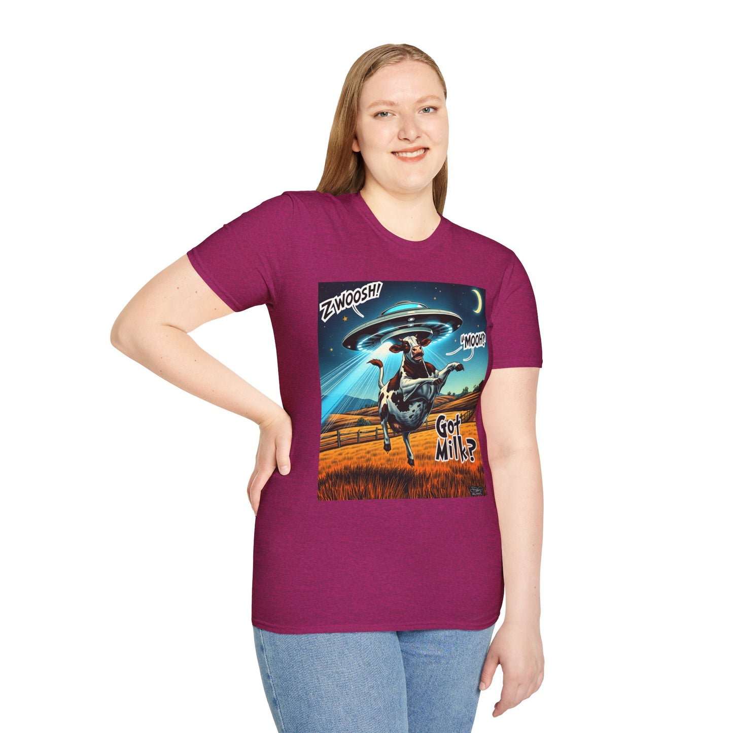 Funny Alien Cow T-Shirt - Got Milk? Unisex Soft style graphic Tee, UFO, galaxies, space, Blackhole, graphic design, png, sublimation