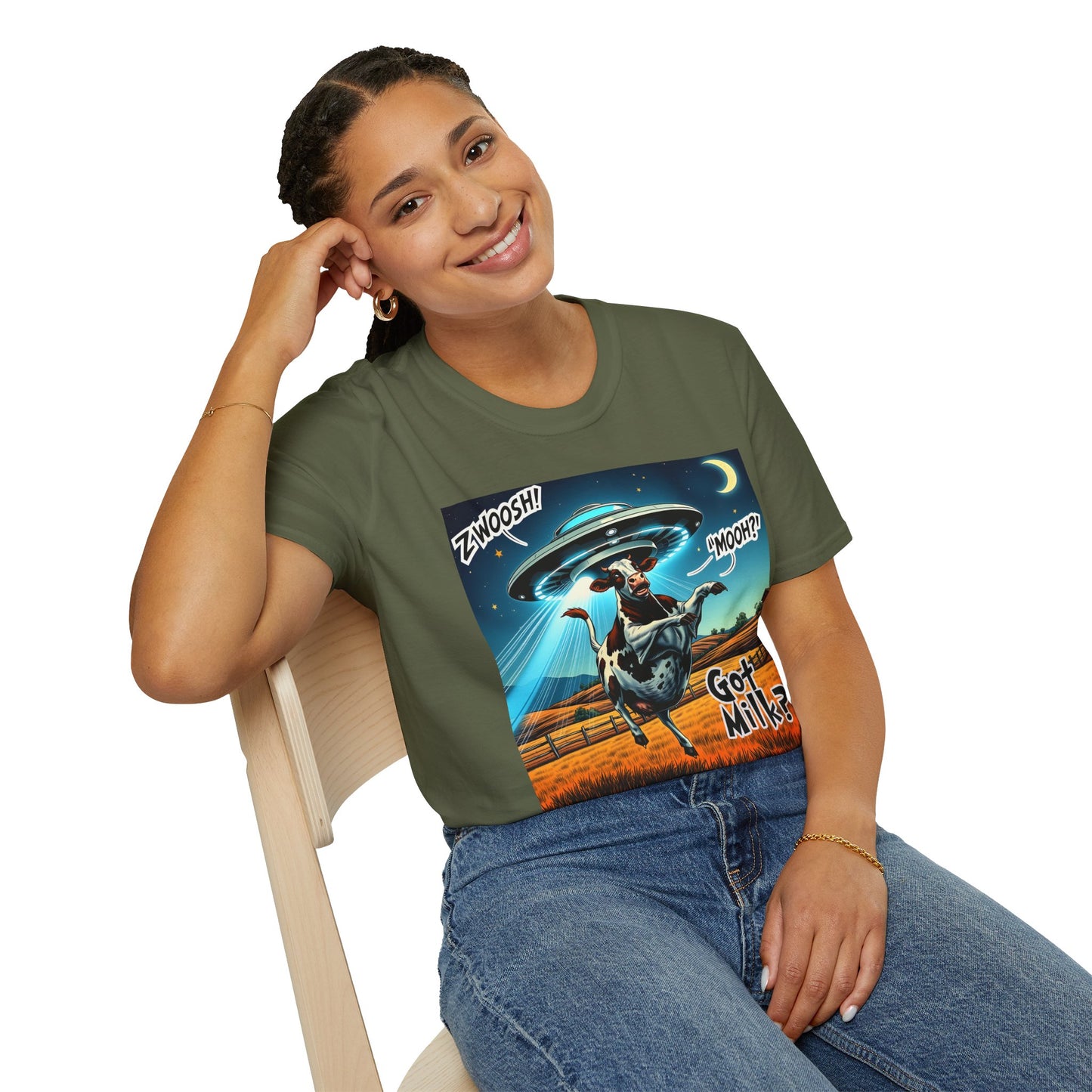 Funny Alien Cow T-Shirt - Got Milk? Unisex Soft style graphic Tee, UFO, galaxies, space, Blackhole, graphic design, png, sublimation