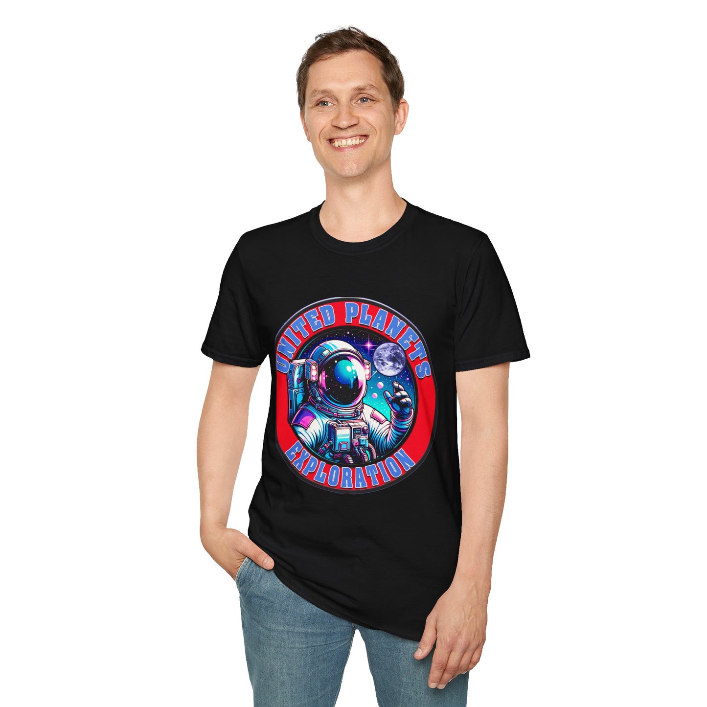 United Planets Exploration Astronaut T-Shirt, Science Themed Tee, Outer Space Shirt for Gift, Birthday, Unisex Softstyle Apparel