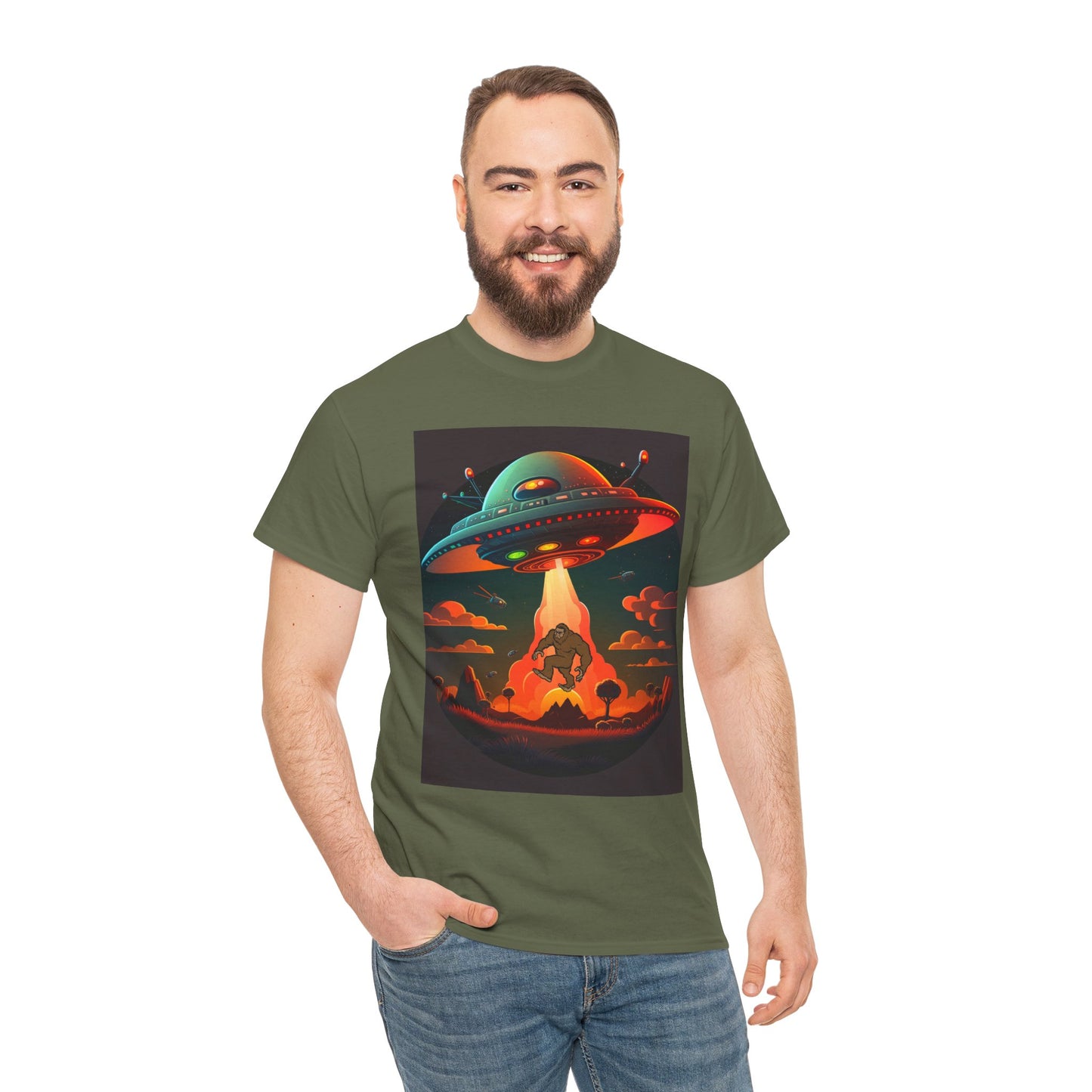 UFO, Bigfoot, Unisex Heavy Cotton Tee, graphic design, t-shirt, t-shirts, tshirts, png