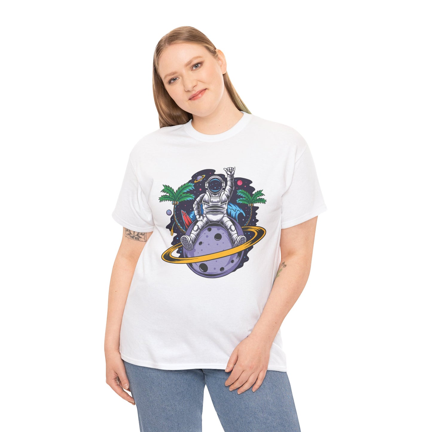 Cosmic Adventure, Unisex Heavy Cotton Tee - Astronaut & Planet Design, graphic design, png, art