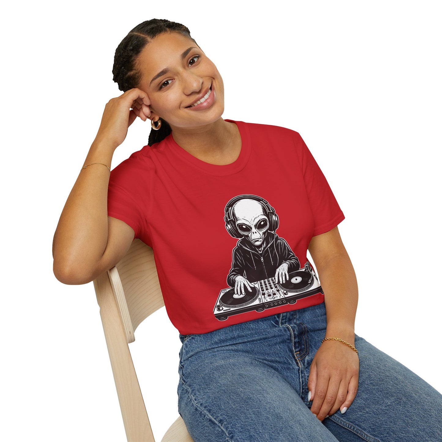 DJ Alien Graphic T-Shirt | Unisex Softstyle Tee for Music Lovers, Gifts for DJs, Cool Casual Wear, Festival Apparel, Unique Alien Design