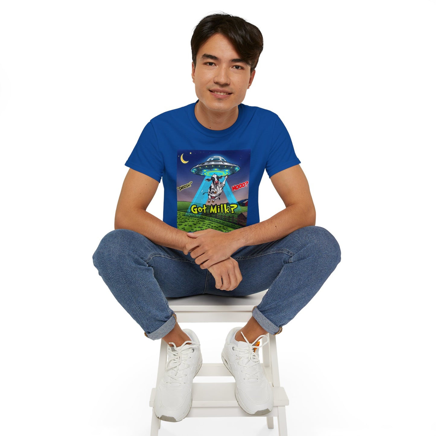 Got Milk? Funny Unisex Ultra Cotton Tee - Humorous Cow and UFO Design, graphic tee, t-shirts, tshirt, png, sublimation