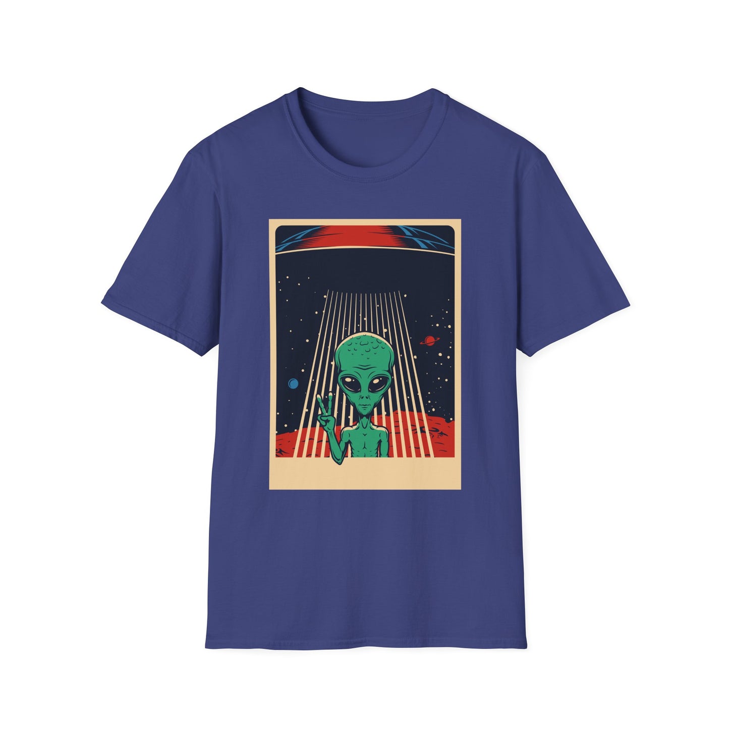Cosmic Alien Peace Unisex Softstyle T-Shirt, Vintage UFO Tee, Space Lover Gift, Sci-Fi Fan Shirt, Trendy Graphic Tee, GraphicTees, t-shirts