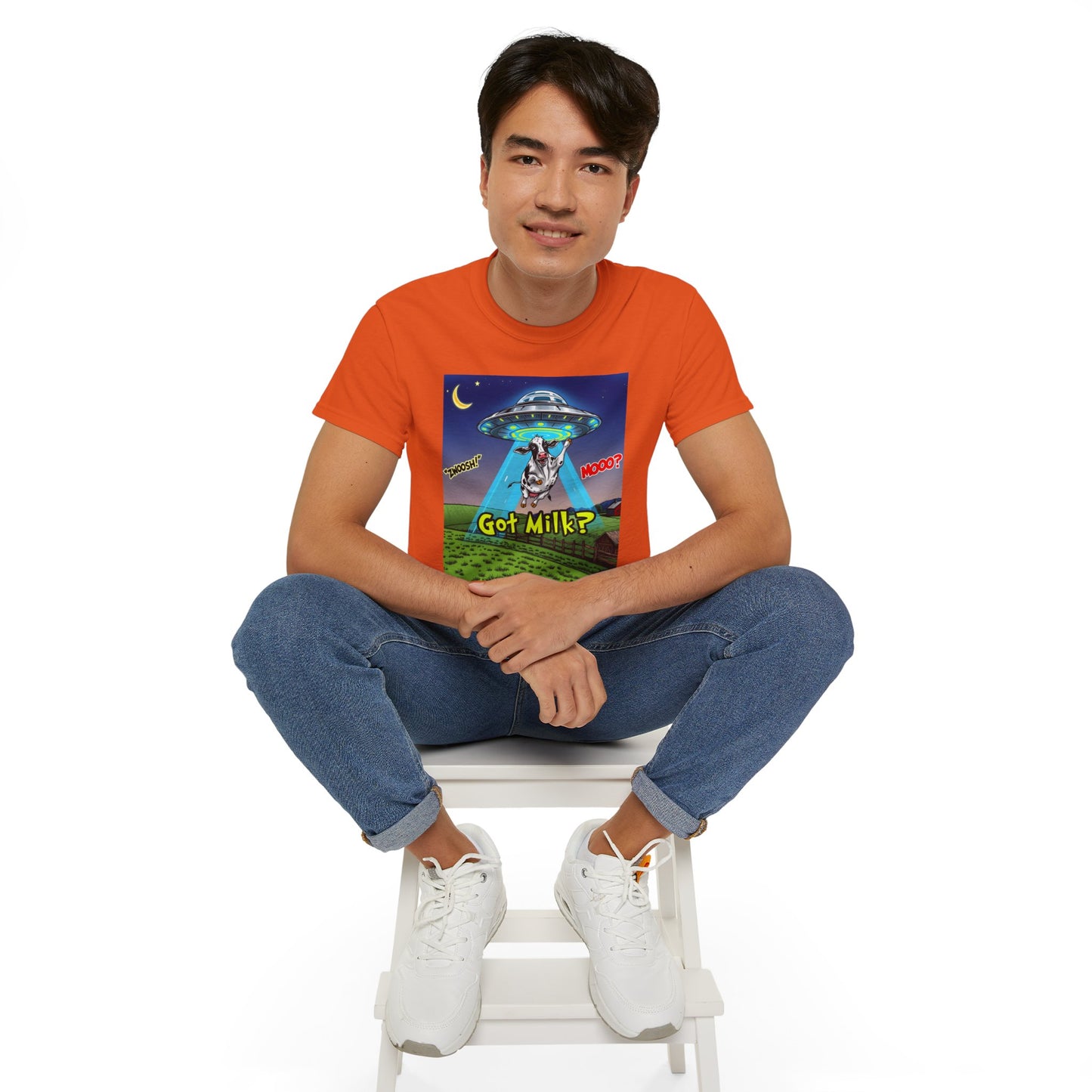 Got Milk? Funny Unisex Ultra Cotton Tee - Humorous Cow and UFO Design, graphic tee, t-shirts, tshirt, png, sublimation