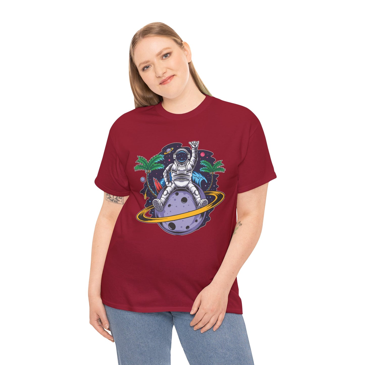 Cosmic Adventure, Unisex Heavy Cotton Tee - Astronaut & Planet Design, graphic design, png, art