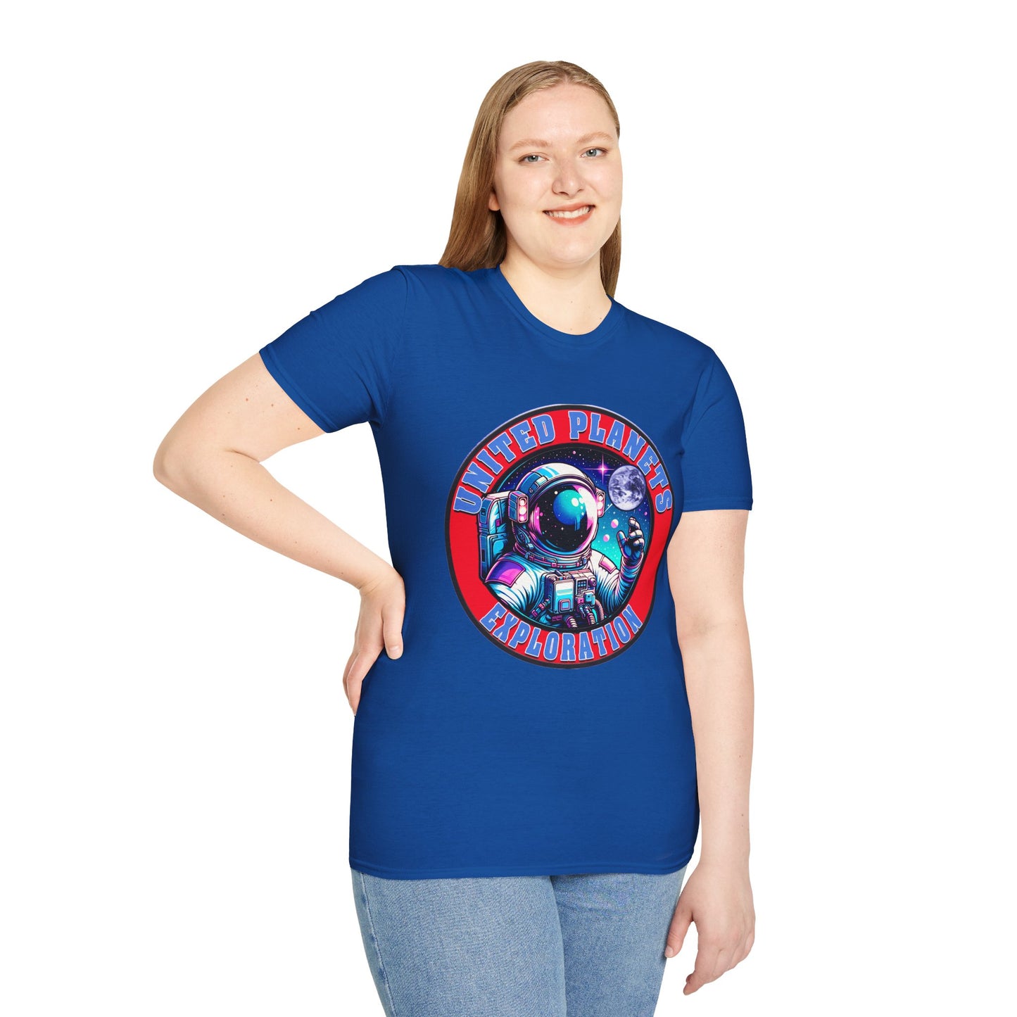 United Planets Exploration Astronaut T-Shirt, Science Themed Tee, Outer Space Shirt for Gift, Birthday, Unisex Softstyle Apparel