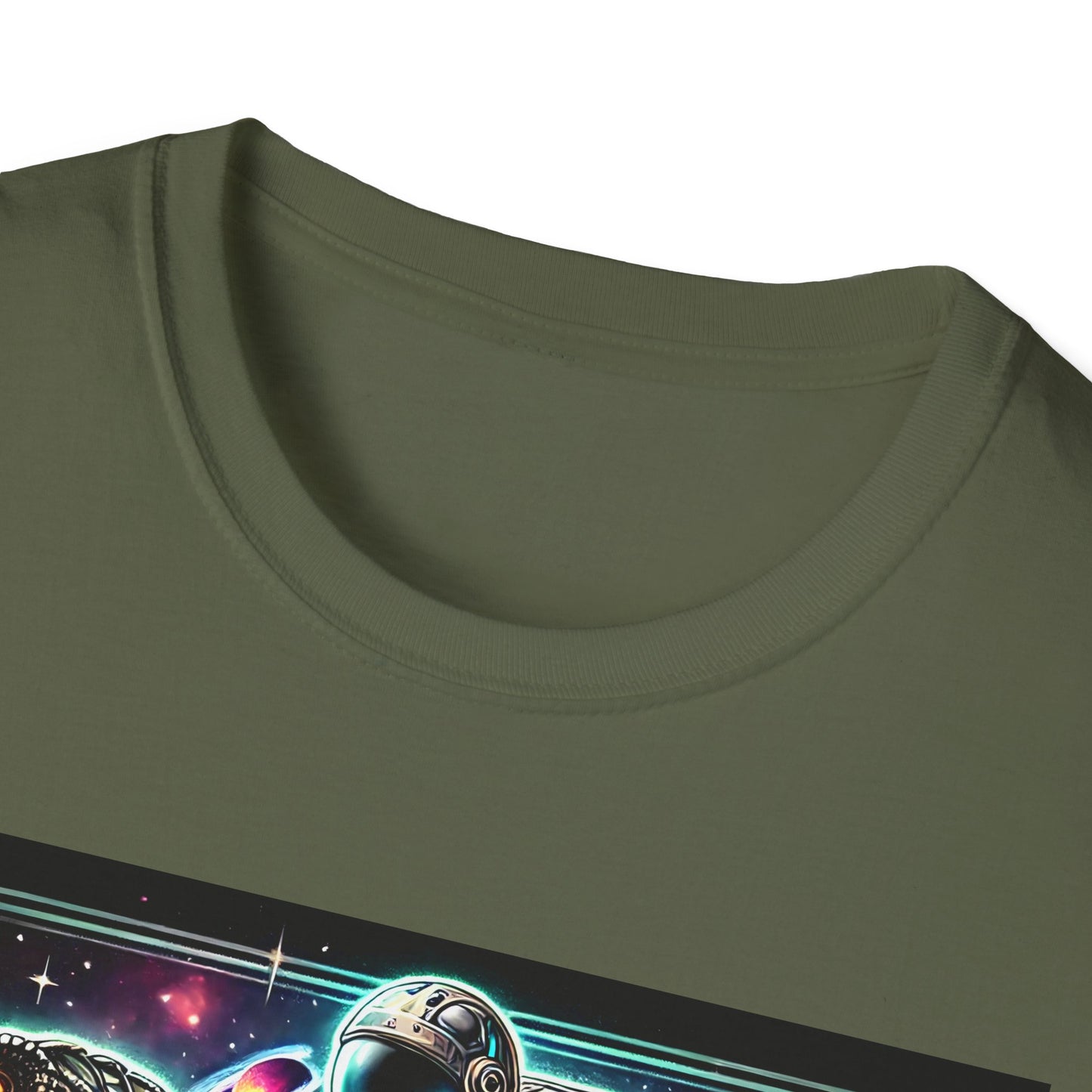 Cosmic Dinosaur Rider Softstyle T-Shirt | Fun Graphic Tee, Unique Gift, Space Lover Shirt, Sci-Fi Enthusiast Apparel