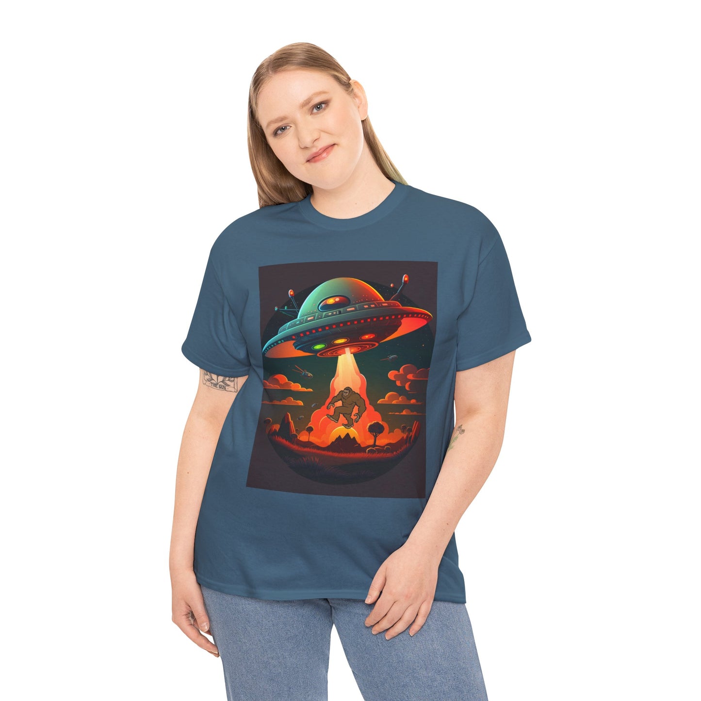 UFO, Bigfoot, Unisex Heavy Cotton Tee, graphic design, t-shirt, t-shirts, tshirts, png
