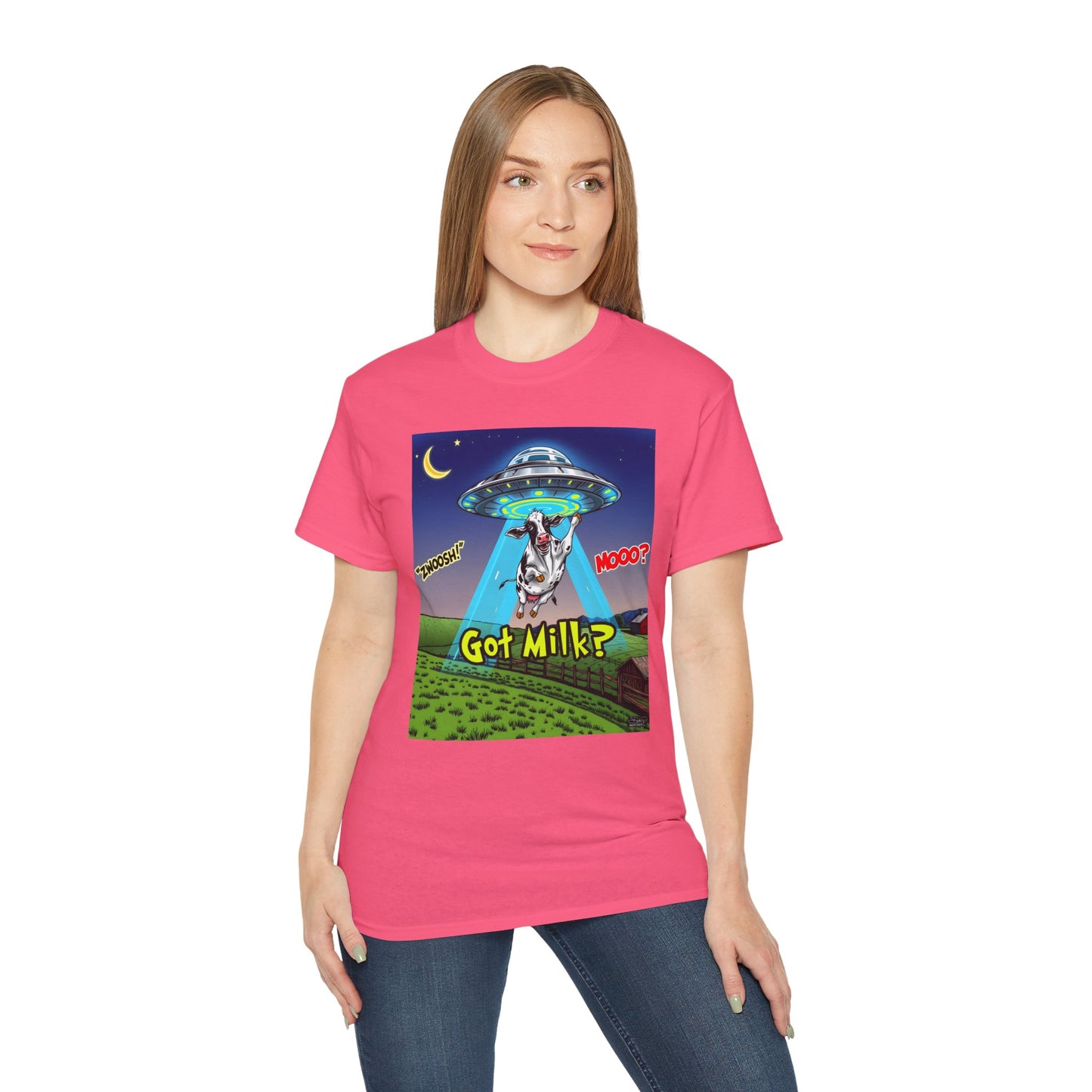 Got Milk? Funny Unisex Ultra Cotton Tee - Humorous Cow and UFO Design, graphic tee, t-shirts, tshirt, png, sublimation