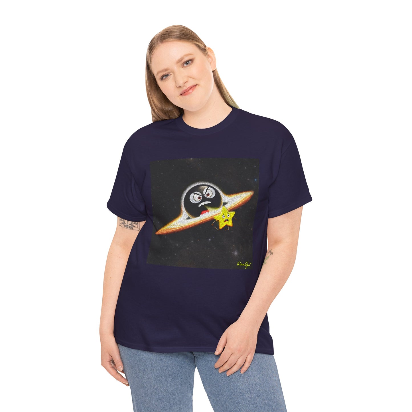 BlackHole Chasing Star, Space-Themed Unisex Heavy Cotton Tee with Cartoon Penguin Design, graphic design, png