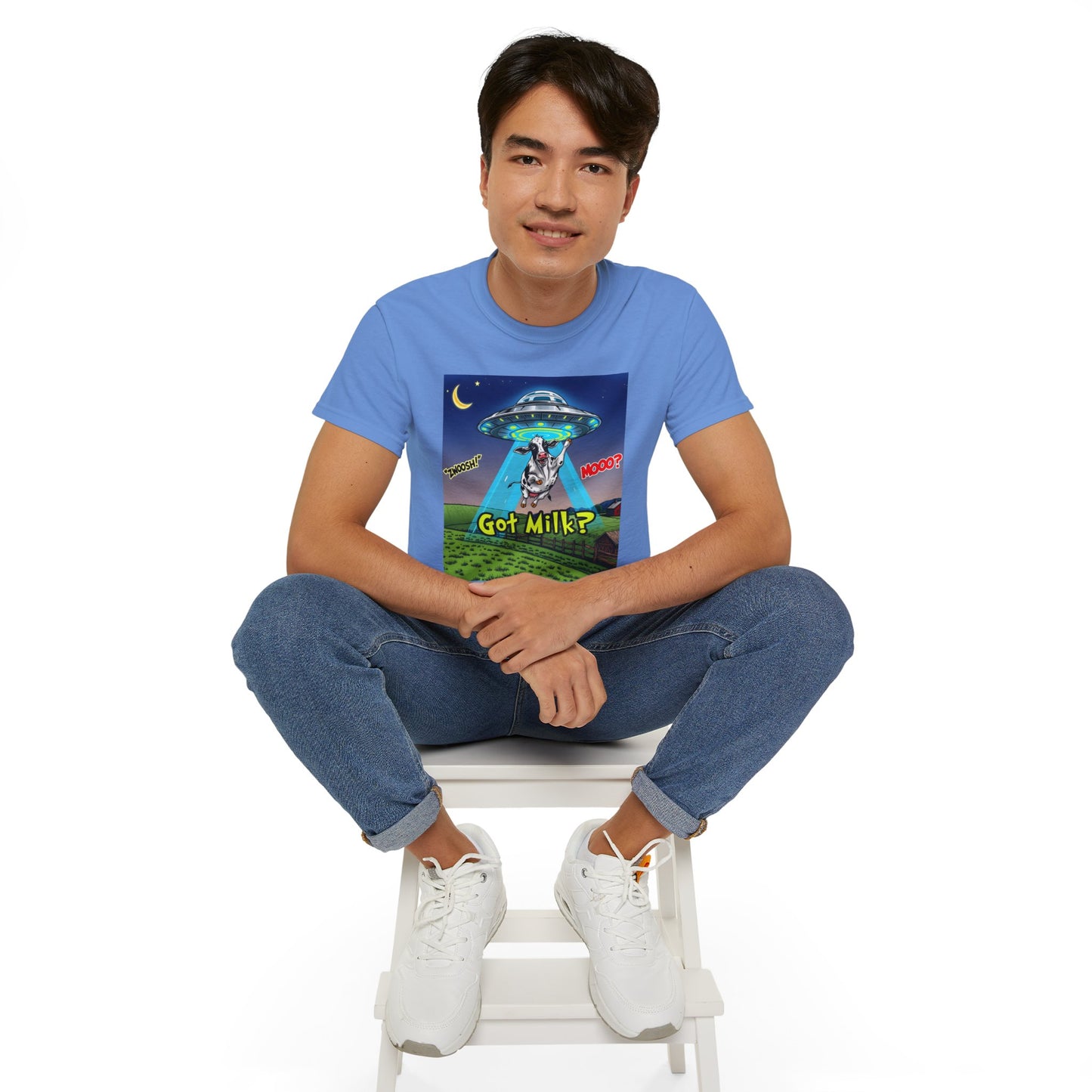 Got Milk? Funny Unisex Ultra Cotton Tee - Humorous Cow and UFO Design, graphic tee, t-shirts, tshirt, png, sublimation