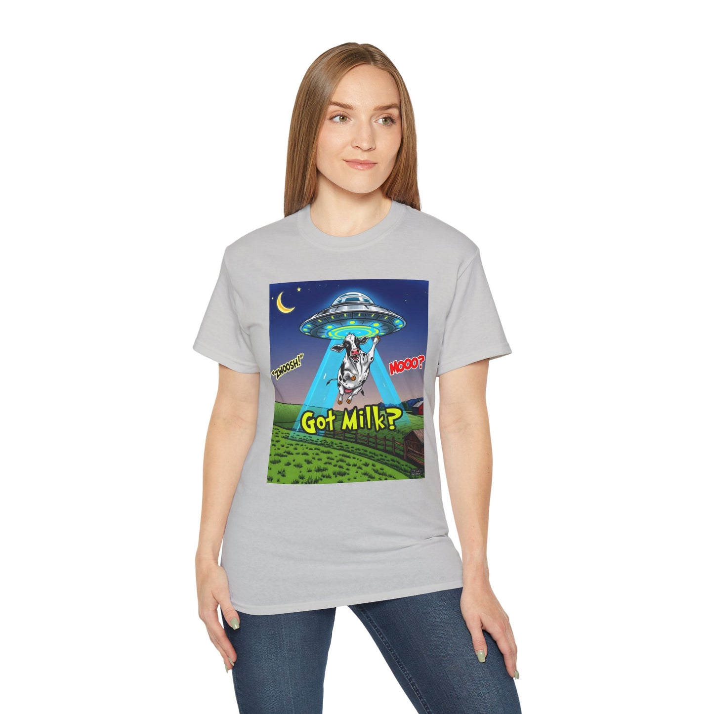 Got Milk? Funny Unisex Ultra Cotton Tee - Humorous Cow and UFO Design, graphic tee, t-shirts, tshirt, png, sublimation