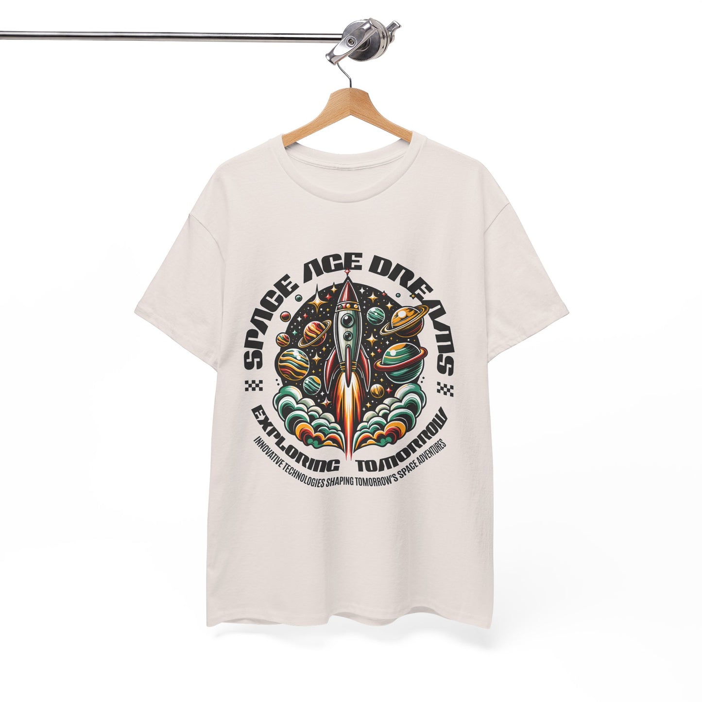 Space Age Dreams, Unisex Heavy Cotton Tee - Retro Rocket Design for Space Lovers, graphic design, png