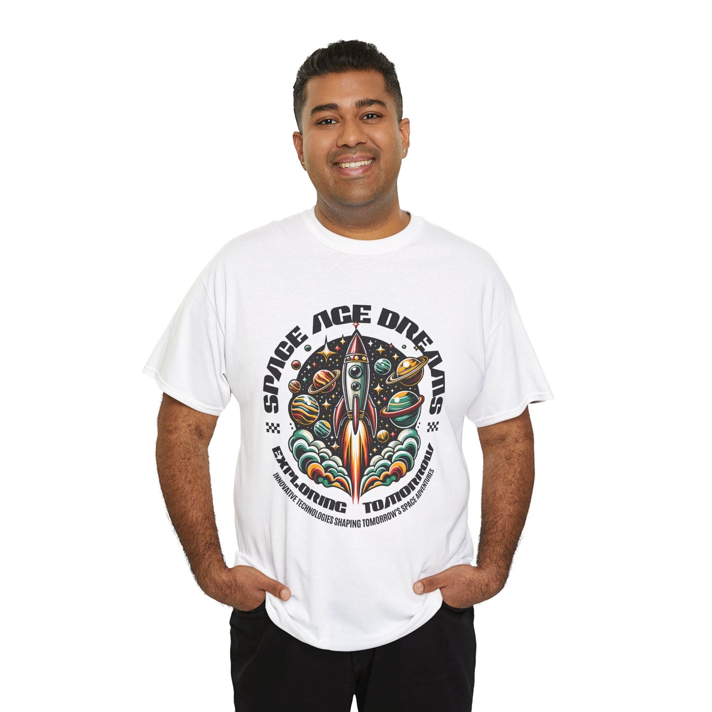 Space Age Dreams, Unisex Heavy Cotton Tee - Retro Rocket Design for Space Lovers, graphic design, png