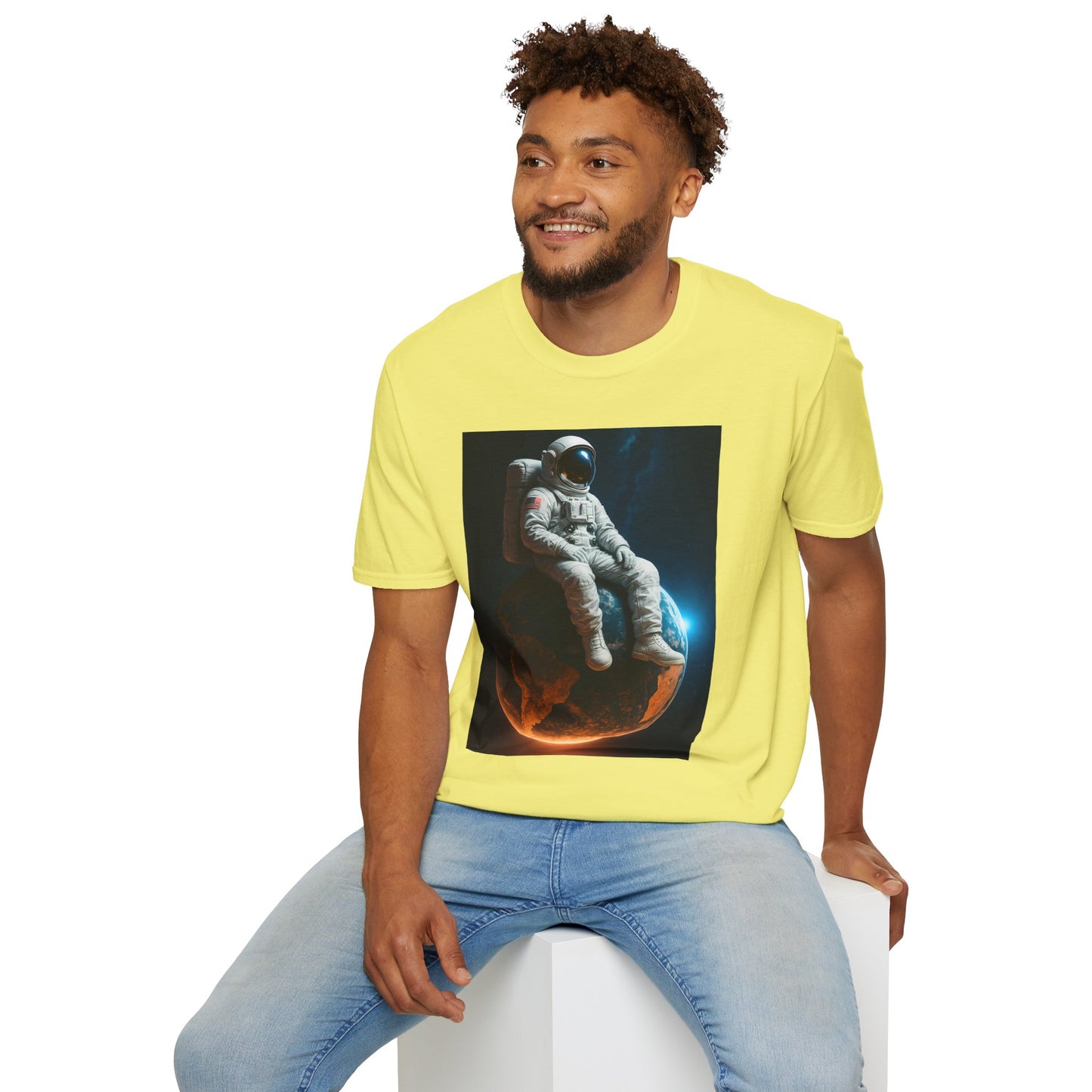 Sitting on an Earth, Cosmic Astronaut T-Shirt, Unisex Graphic Tee, Space Lover Gift, Casual Wear, Astronomy Fan Shirt, Graphic Tee, t-shirt, tshirt, png