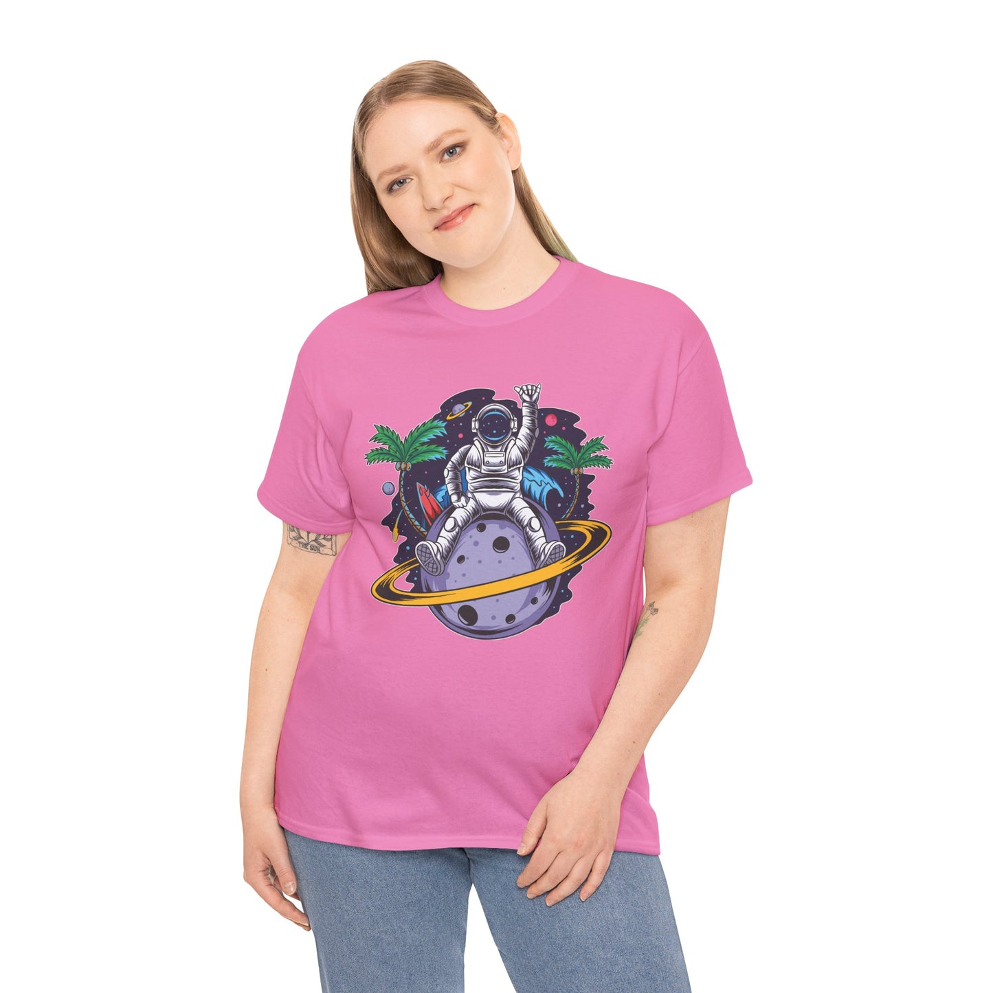 Cosmic Adventure, Unisex Heavy Cotton Tee - Astronaut & Planet Design, graphic design, png, art