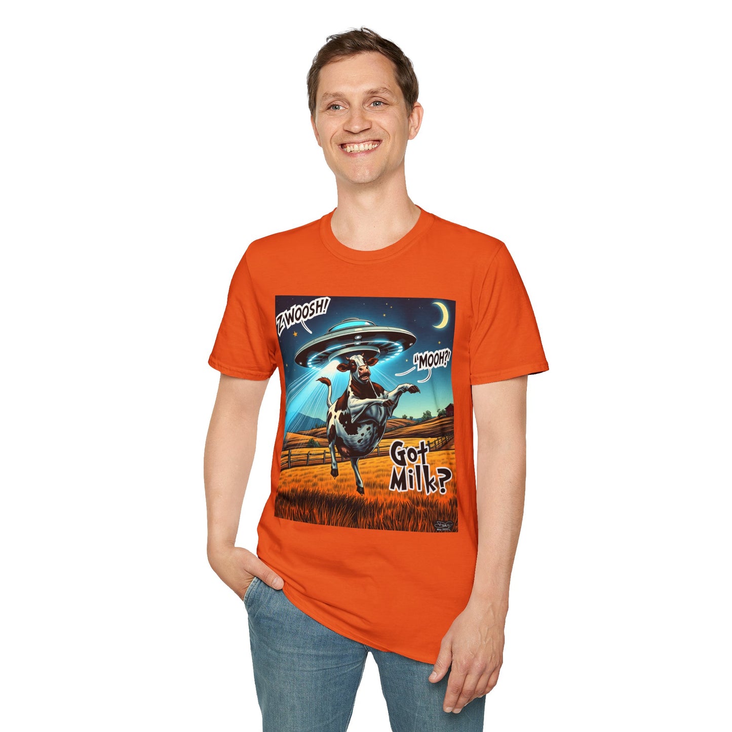 Funny Alien Cow T-Shirt - Got Milk? Unisex Soft style graphic Tee, UFO, galaxies, space, Blackhole, graphic design, png, sublimation