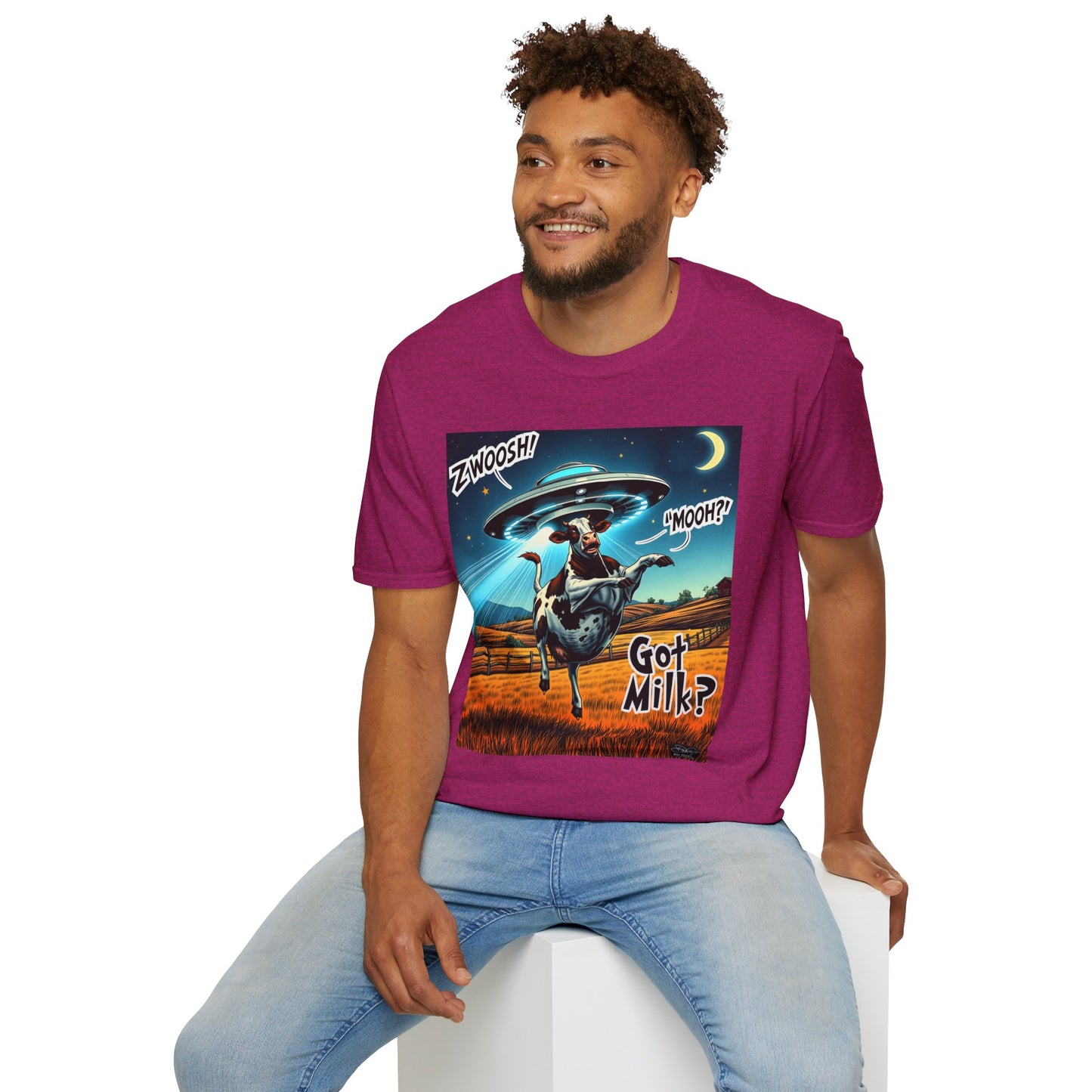 Funny Alien Cow T-Shirt - Got Milk? Unisex Soft style graphic Tee, UFO, galaxies, space, Blackhole, graphic design, png, sublimation