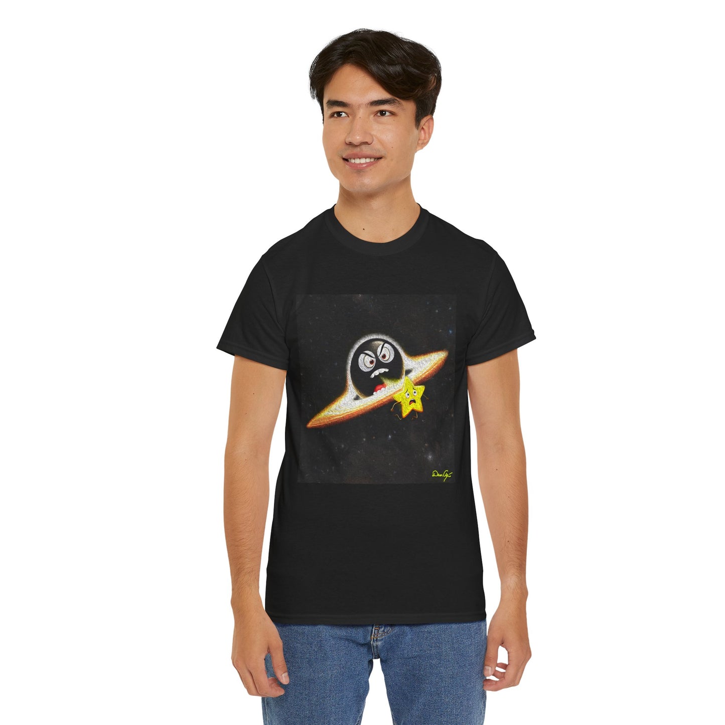 BlackHole Chasing Star, Space-Themed Unisex Heavy Cotton Tee with Cartoon Penguin Design, graphic design, png