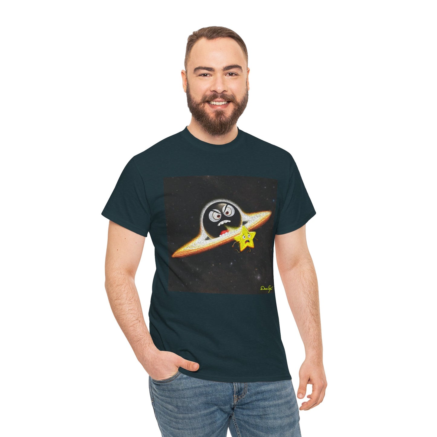 BlackHole Chasing Star, Space-Themed Unisex Heavy Cotton Tee with Cartoon Penguin Design, graphic design, png