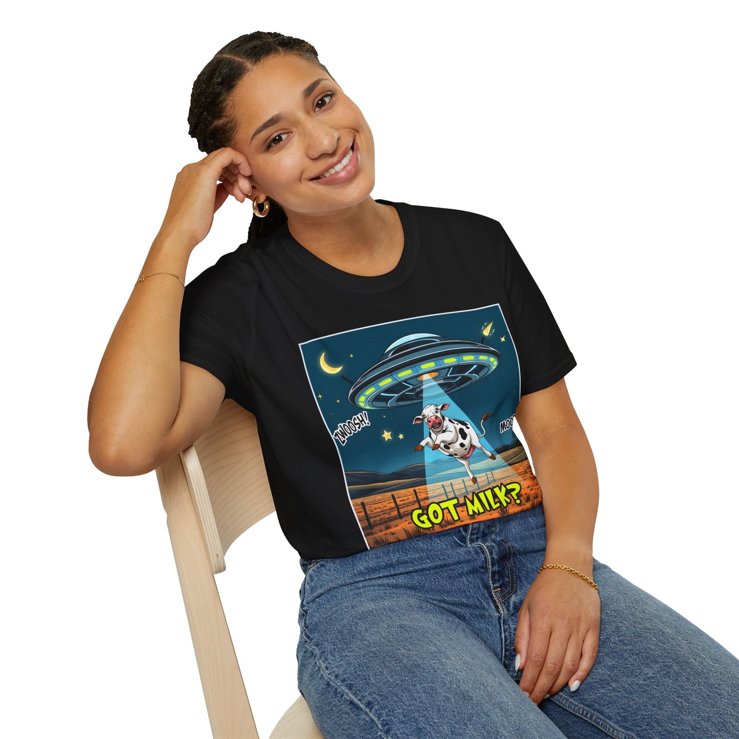 Got Milk? Cow UFO Unisex Softstyle T-Shirt – Fun Graphic Tee for Dairy Lovers, graphic tees, t-shirt, tshirt, graphic design, png