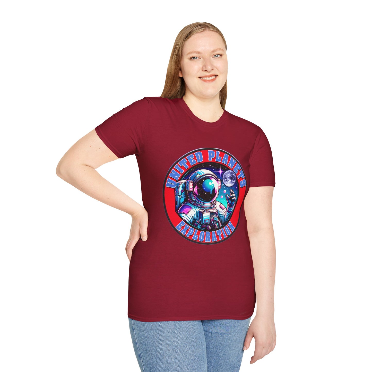United Planets Exploration Astronaut T-Shirt, Science Themed Tee, Outer Space Shirt for Gift, Birthday, Unisex Softstyle Apparel