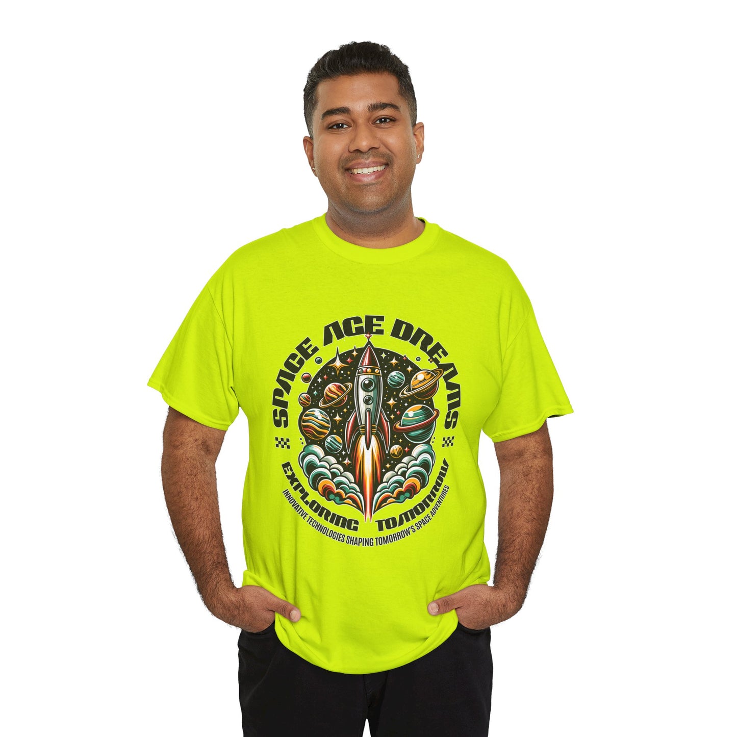 Space Age Dreams, Unisex Heavy Cotton Tee - Retro Rocket Design for Space Lovers, graphic design, png