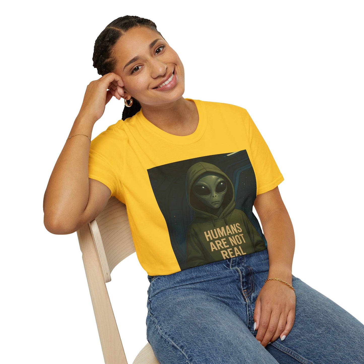 Humans Are Not Real, Alien Humor Unisex T-Shirt, Funny Graphic Tee, Space Lover Gift, Casual Wear, Gift for Nerds, Quirky Statement Shirt