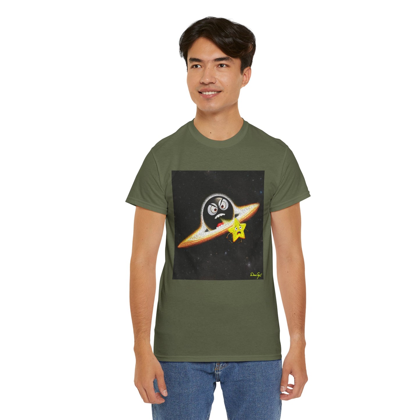 BlackHole Chasing Star, Space-Themed Unisex Heavy Cotton Tee with Cartoon Penguin Design, graphic design, png