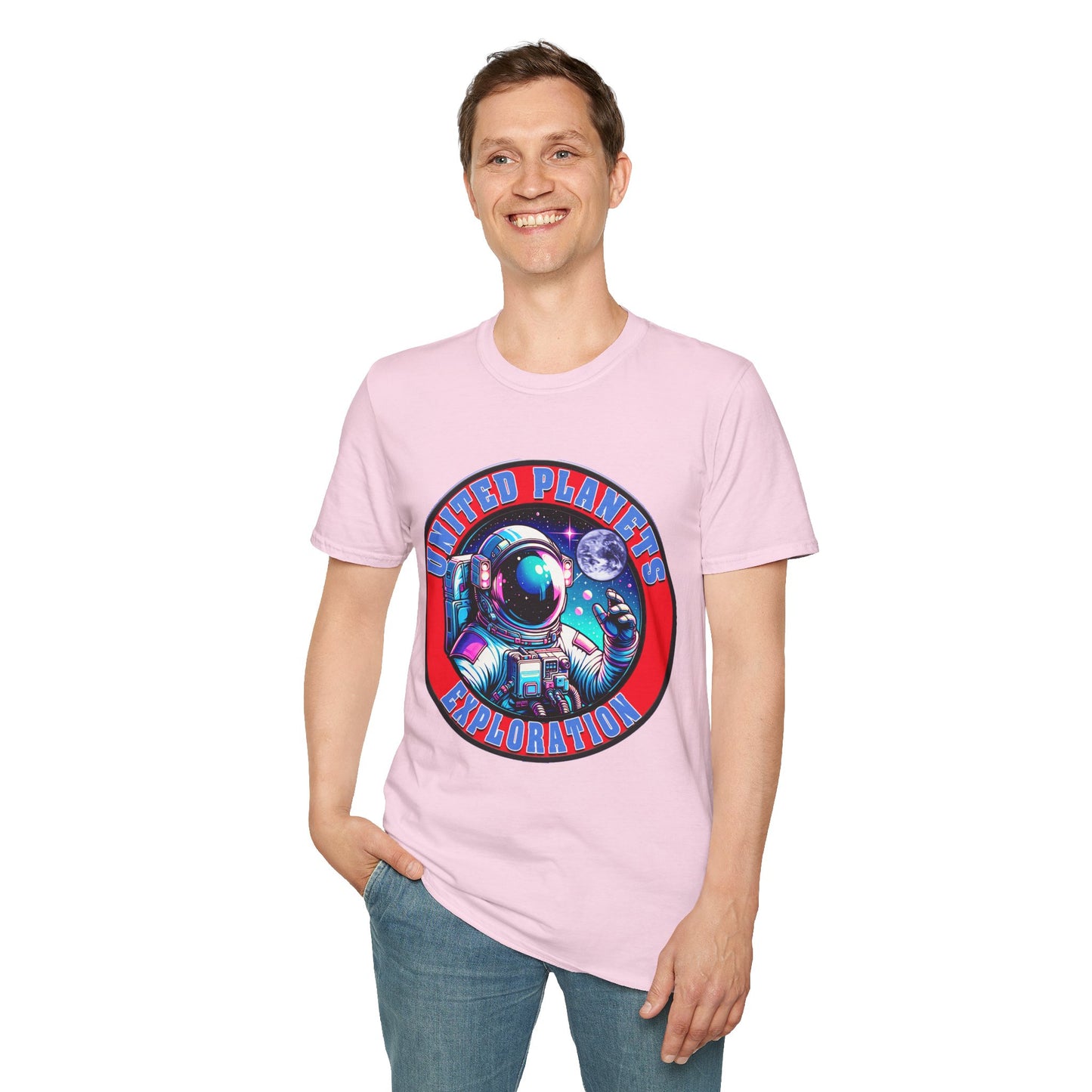 United Planets Exploration Astronaut T-Shirt, Science Themed Tee, Outer Space Shirt for Gift, Birthday, Unisex Softstyle Apparel