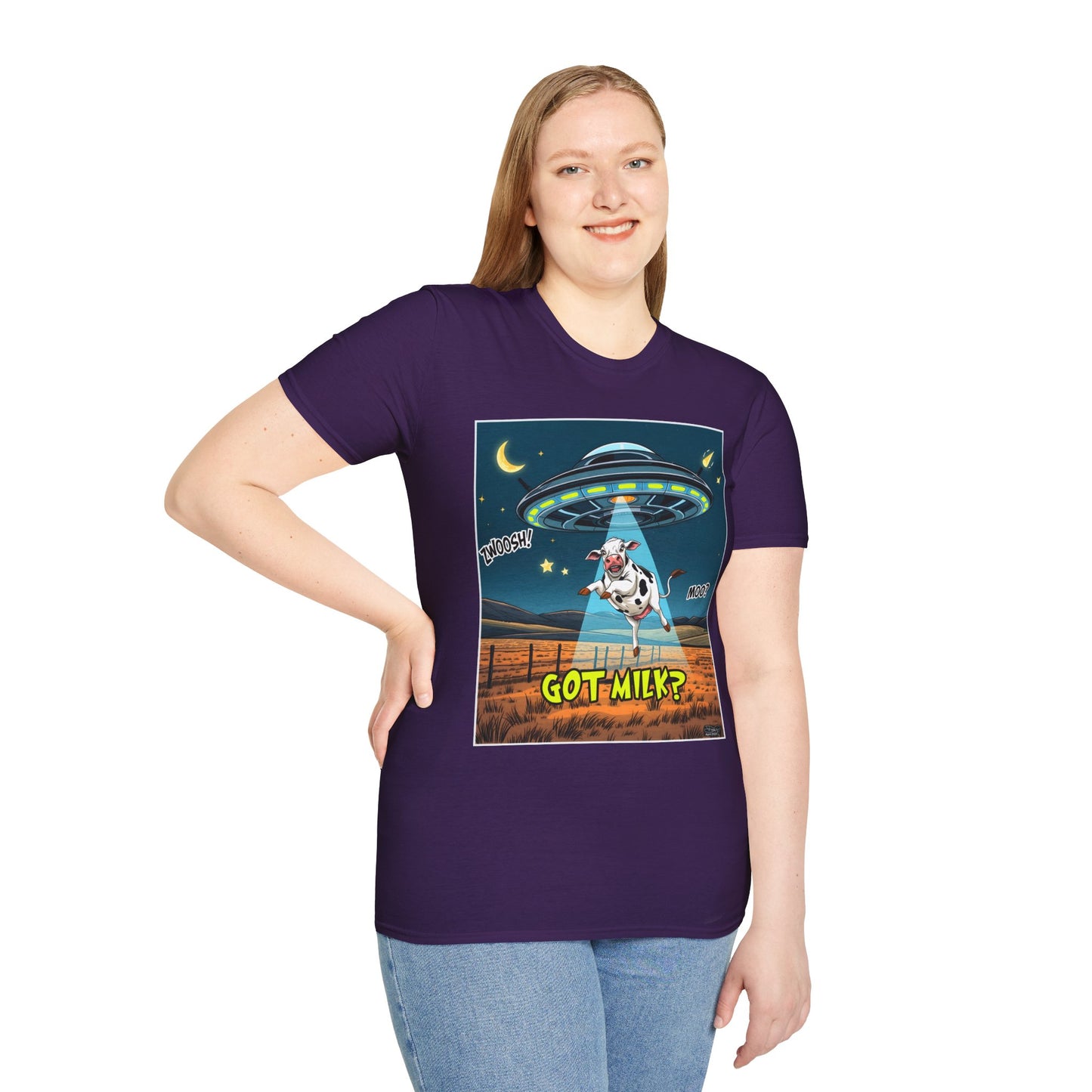 Got Milk? Cow UFO Unisex Softstyle T-Shirt – Fun Graphic Tee for Dairy Lovers, graphic tees, t-shirt, tshirt, graphic design, png