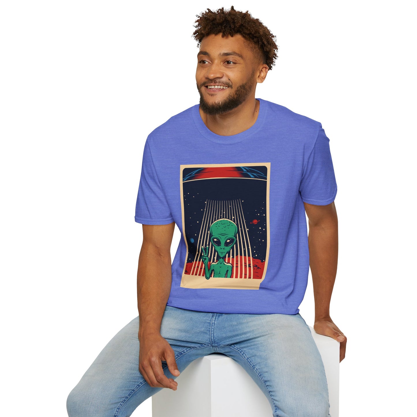 Cosmic Alien Peace Unisex Softstyle T-Shirt, Vintage UFO Tee, Space Lover Gift, Sci-Fi Fan Shirt, Trendy Graphic Tee, GraphicTees, t-shirts